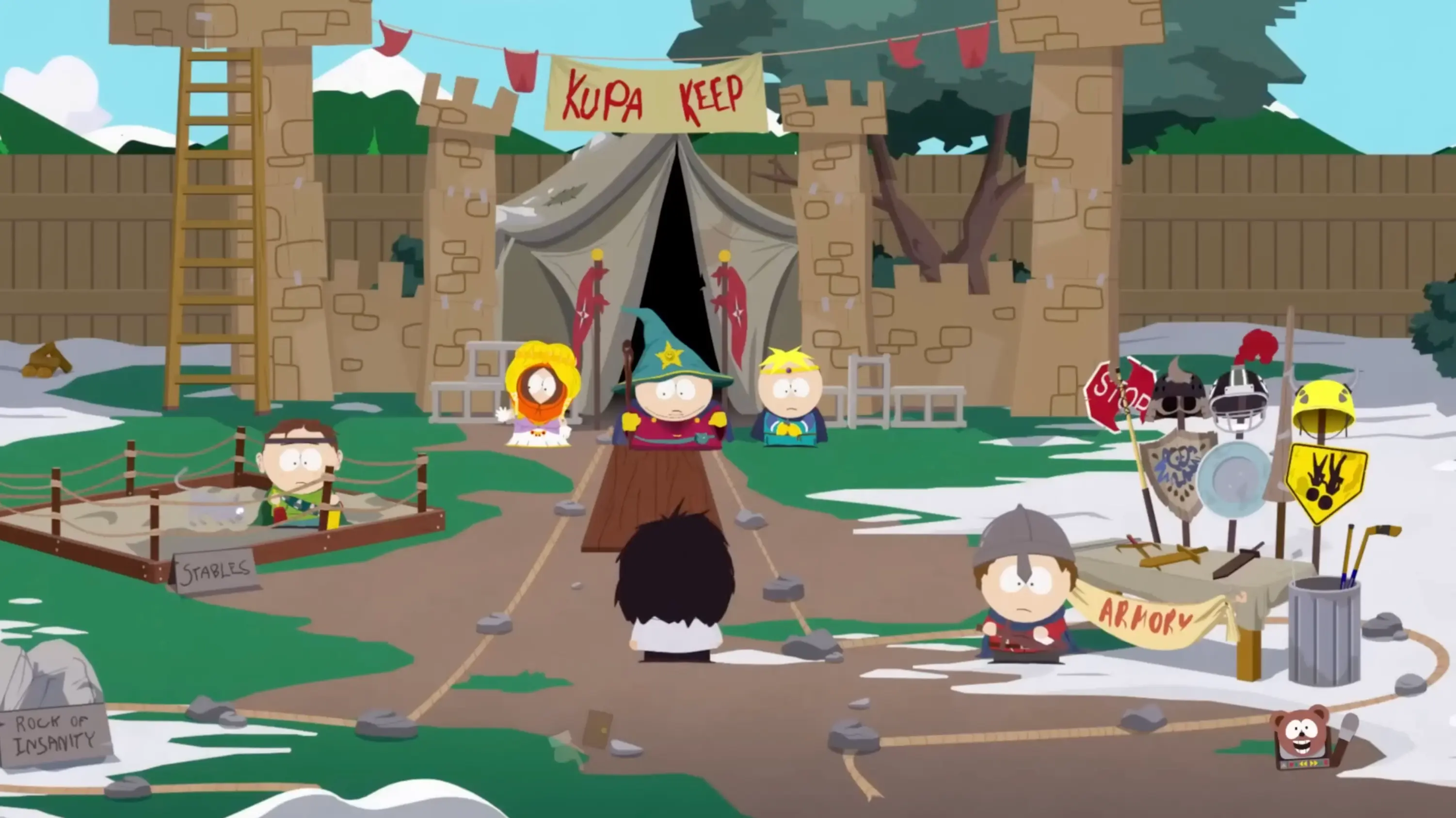 Cartman's backyard fortress, the Kingdom of Kupa Keep (KKK), featuring a makeshift armory and a cardboard castle.