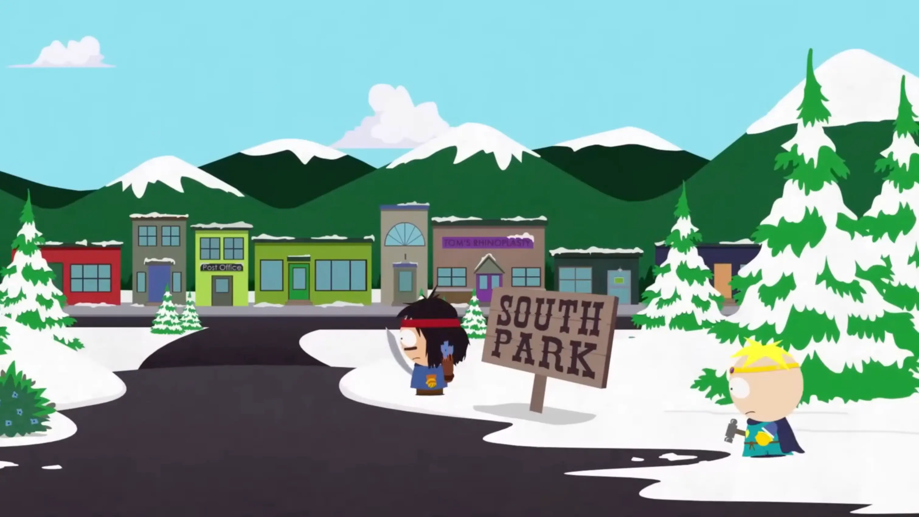 The New Kid walking down the snow-covered streets of South Park, passing by iconic locations like Tom's Rhinoplasty.