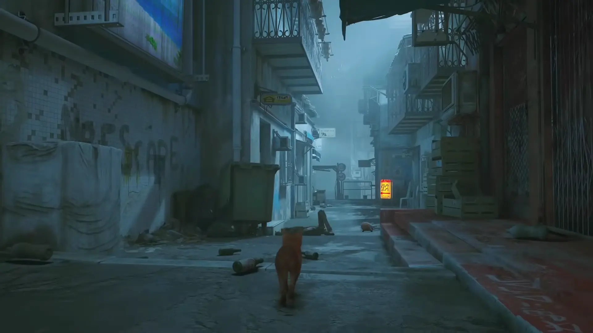 A wide, static shot from the cat's perspective looking down a massive, dark, garbage-filled alleyway illuminated by a single flickering neon sign.