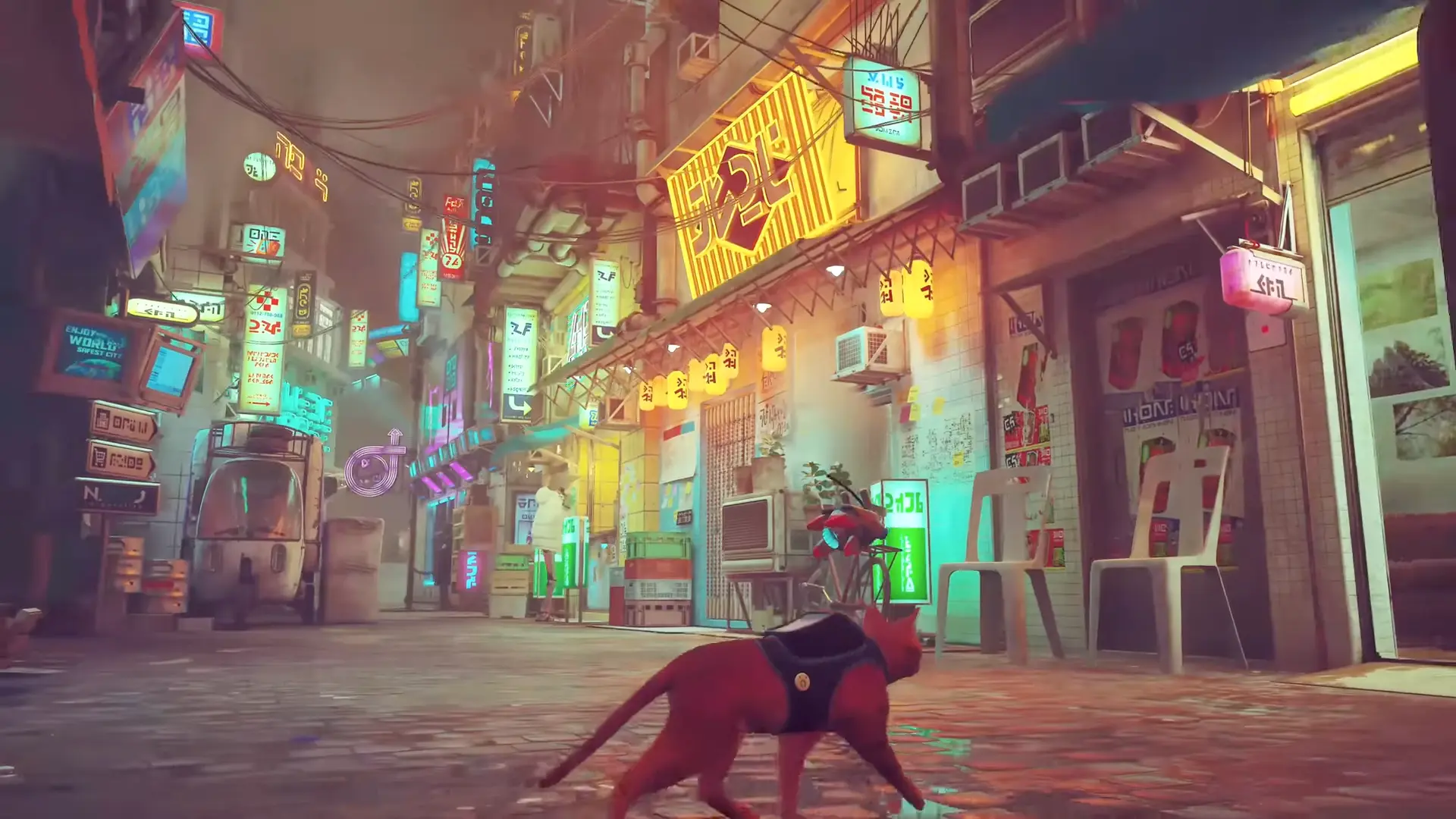 A gorgeous, still view down a bustling Midtown street, glowing with holographic signs, lanterns, and towering neon advertisements.