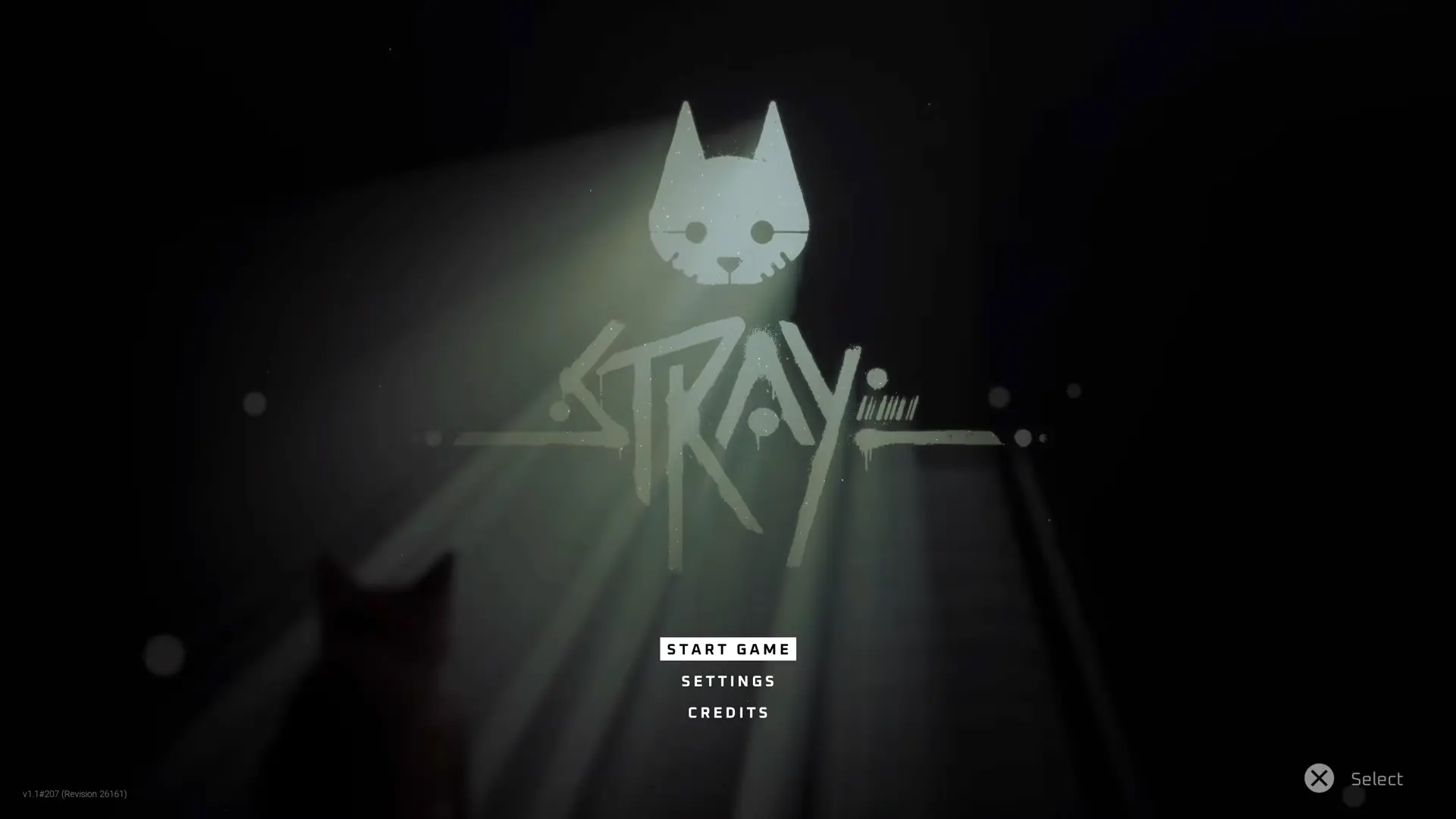 The minimalist, neon-styled Stray logo set against a dark, rain-streaked concrete wall.
