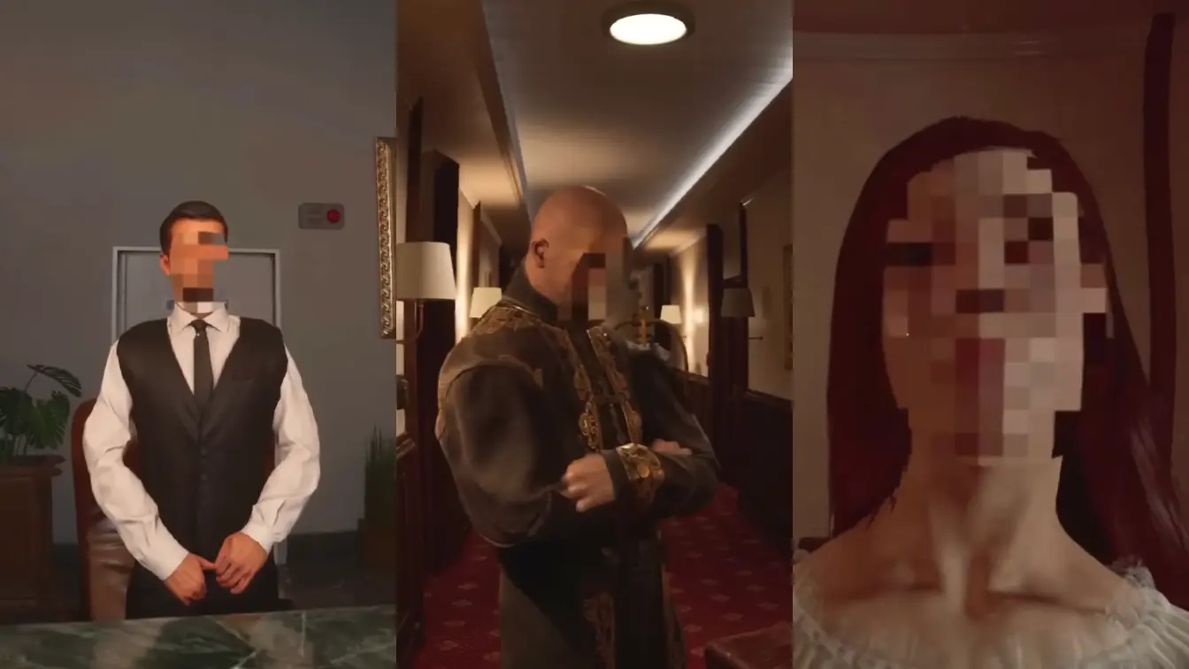 A close-up of an NPC's face, showing the unsettling, shifting pixel distortion that represents the protagonist's face-blindness.