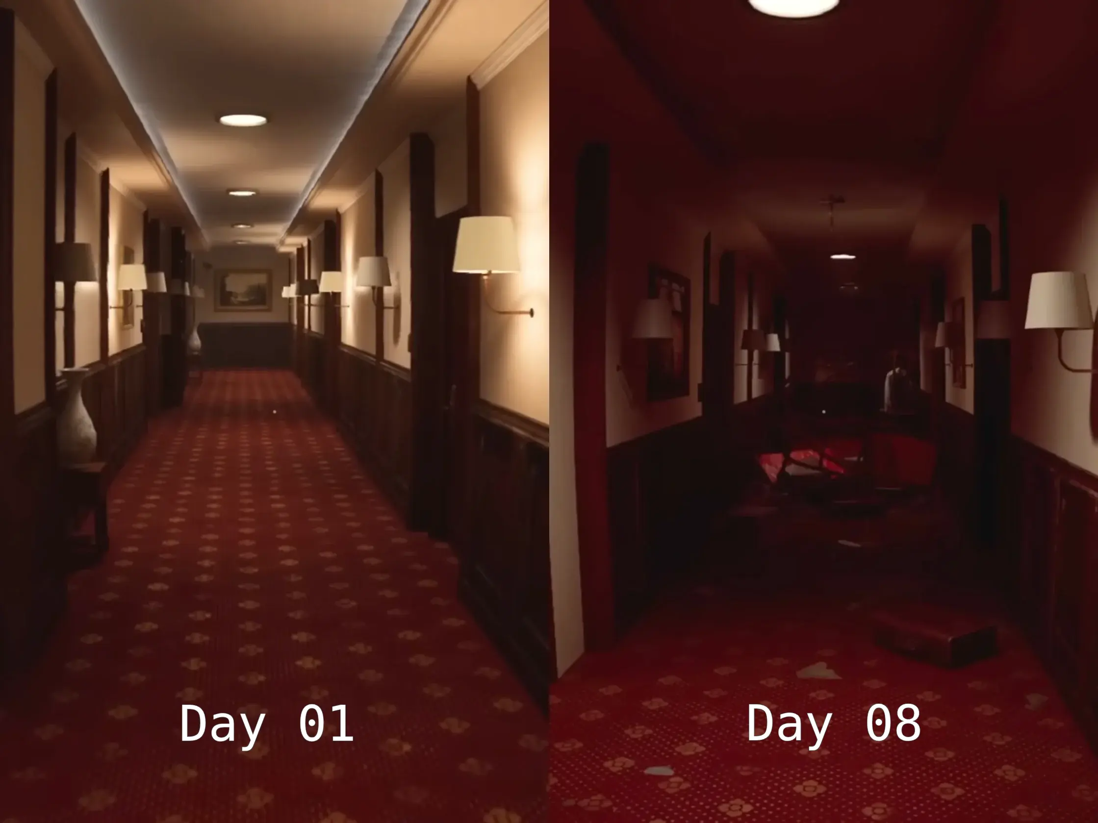 A split-screen comparison showing the hotel hallway on Day 1 versus the biological growth taking over on Day 8.
