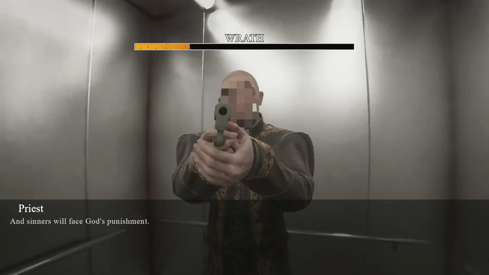 A high-tension moment where the Mad Priest point a gun at you.