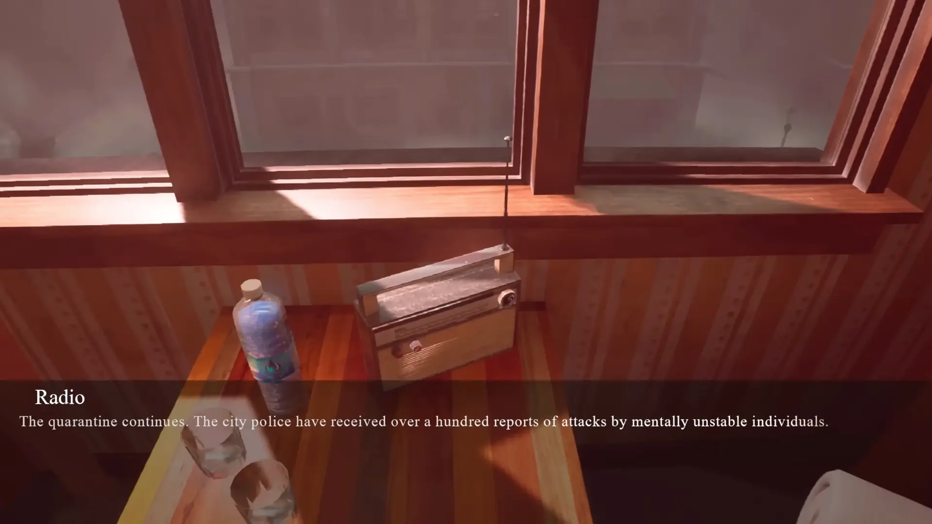 John listening to the hotel radio, where world-building details about the apocalypse are shared via static-heavy news reports.