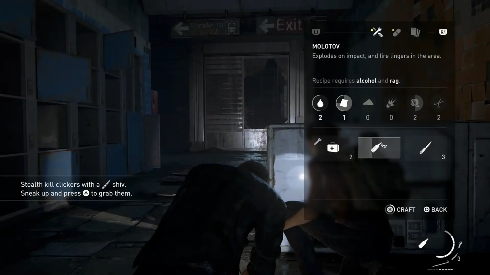 Joel kneeling behind a rusty car, desperately crafting a Molotov cocktail while in the 'Listen Mode' overlay.