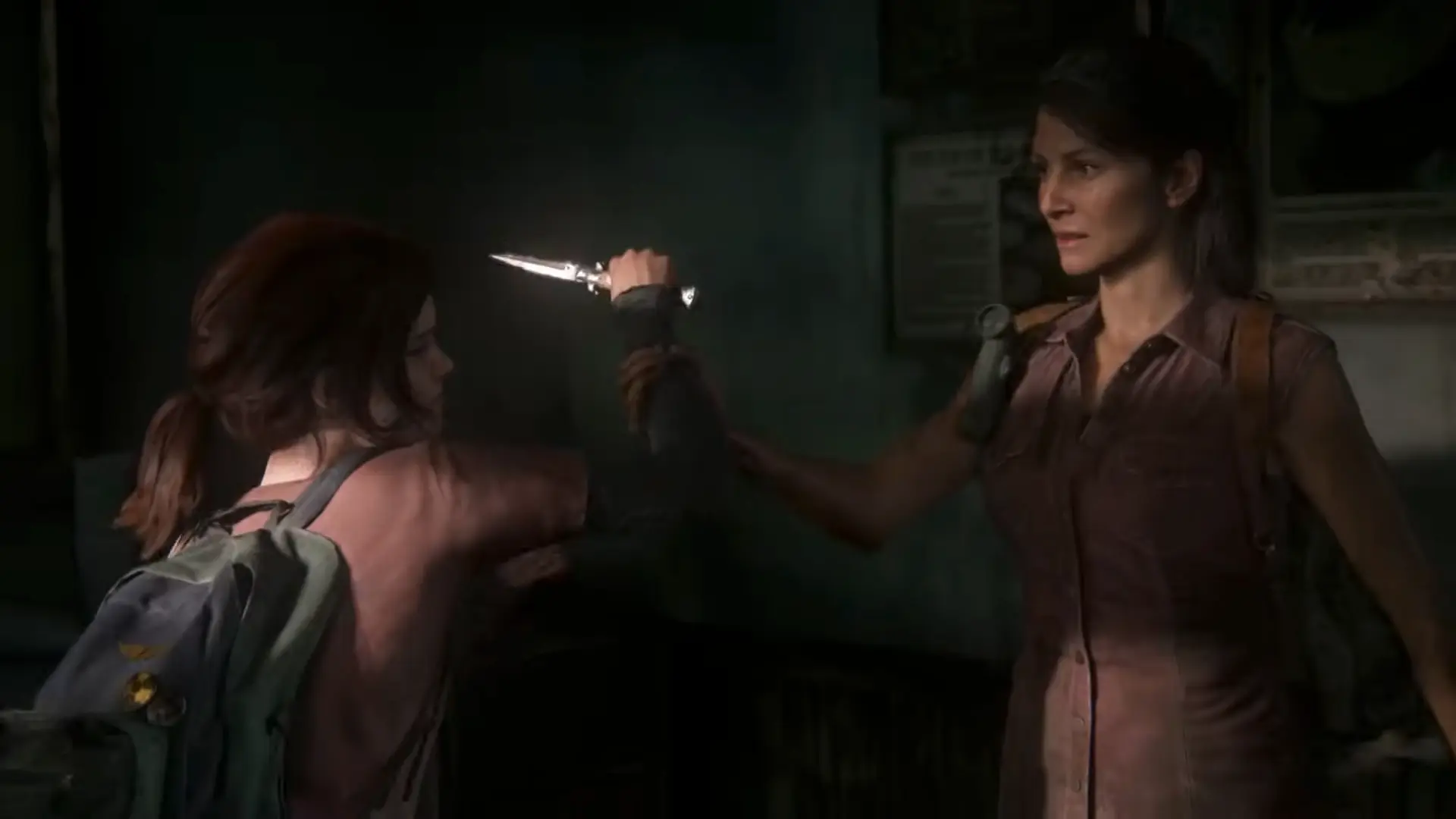 Ellie hiding behind a barricade, gripping her switchblade tightly as heavily armed Hunters patrol nearby.