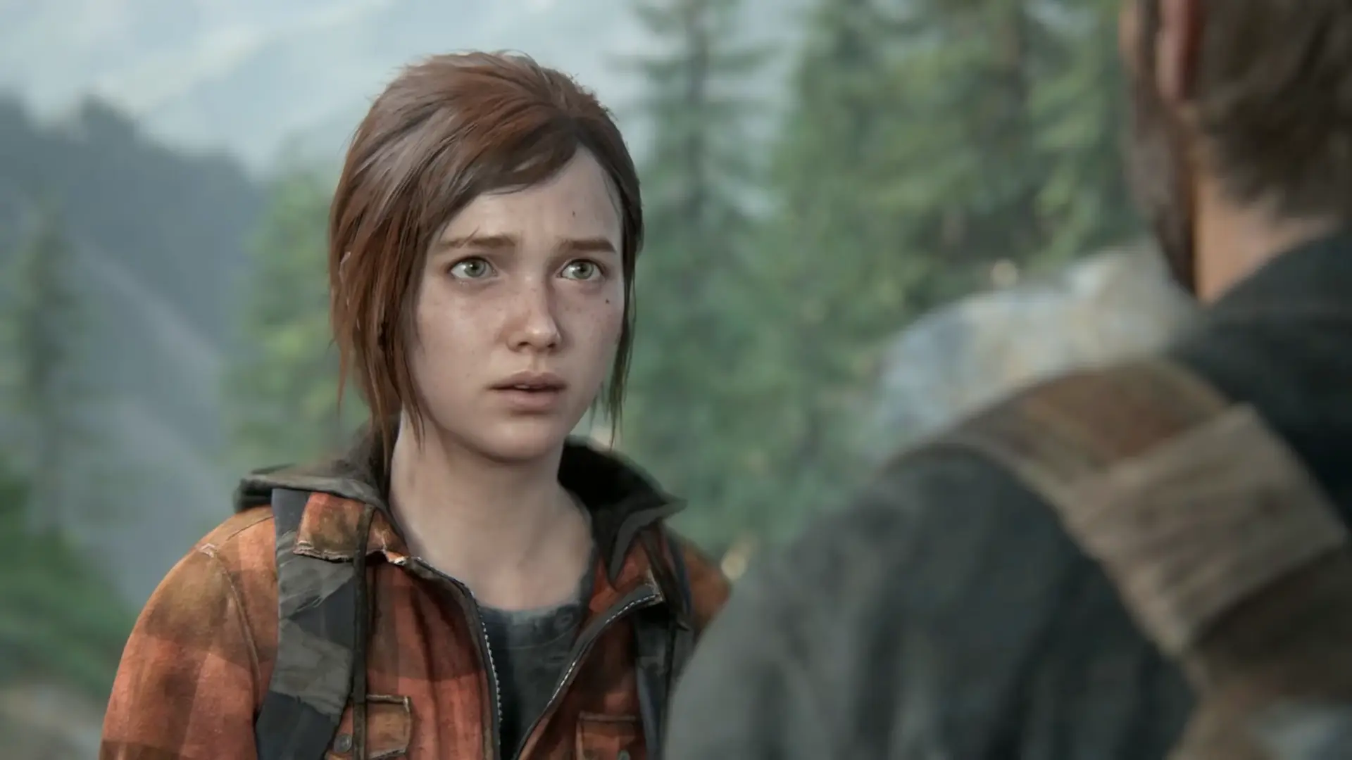 A close-up of Ellie's face during the final, ambiguous conversation of the game.