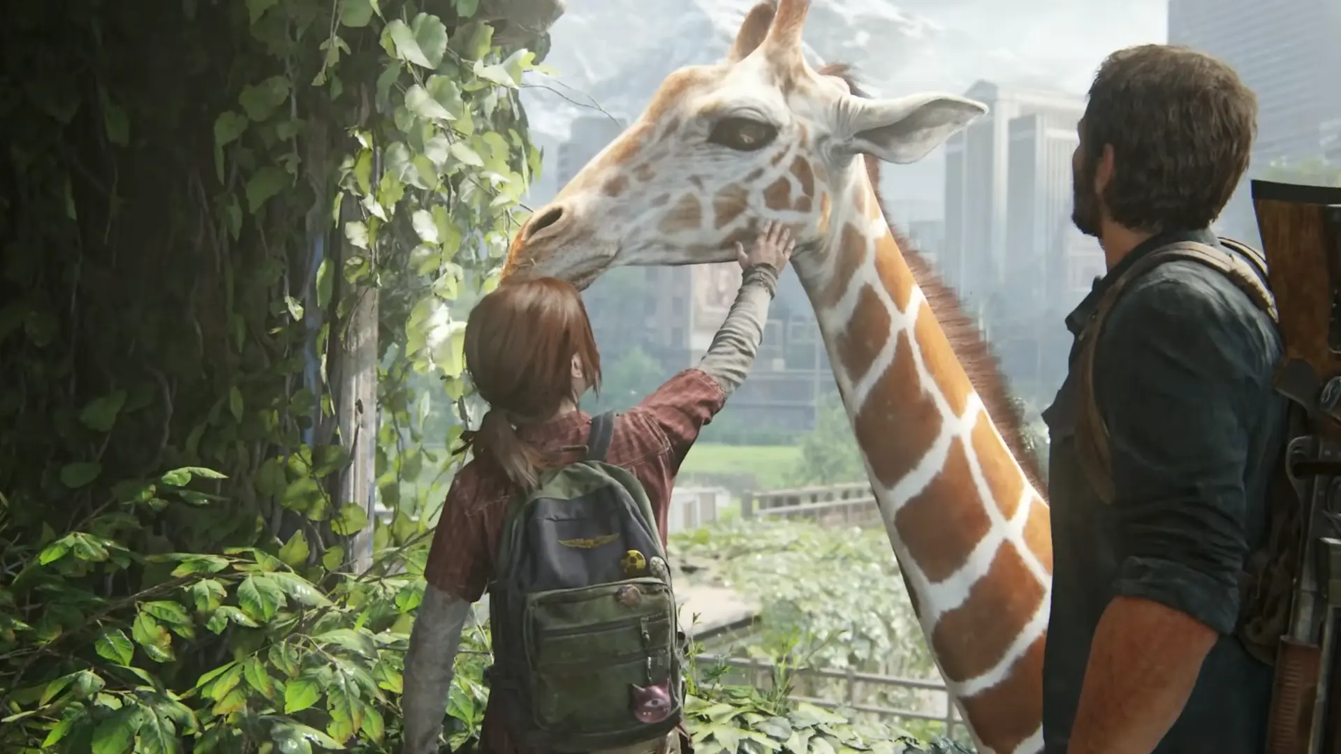 A breathtakingly peaceful moment as Joel and Ellie pet a wild giraffe wandering through the ruins of Salt Lake City.