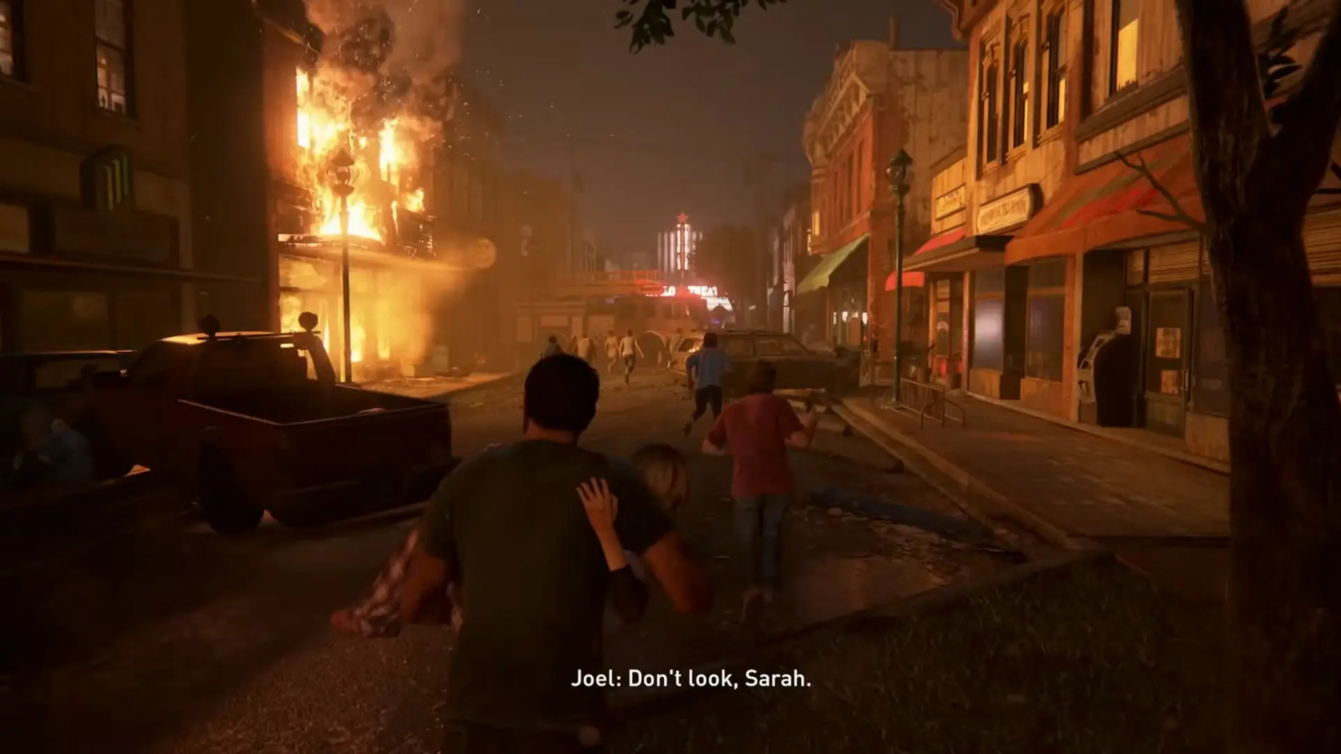 Joel running through the burning streets of Austin, Texas holding his daughter Sarah, surrounded by panic and infected.