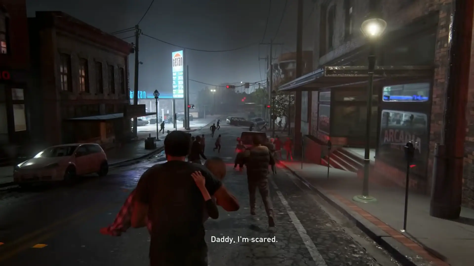 Joel running through the street of Austin, Texas holding his daughter Sarah, surrounded by panic and infected.