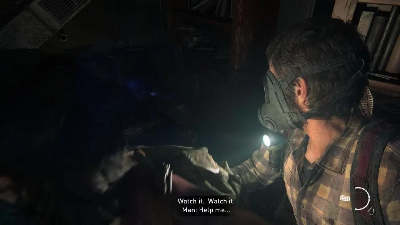 Joel wearing his gas mask, illuminating a terrifyingly claustrophobic, spore-choked underground tunnel with his flashlight.