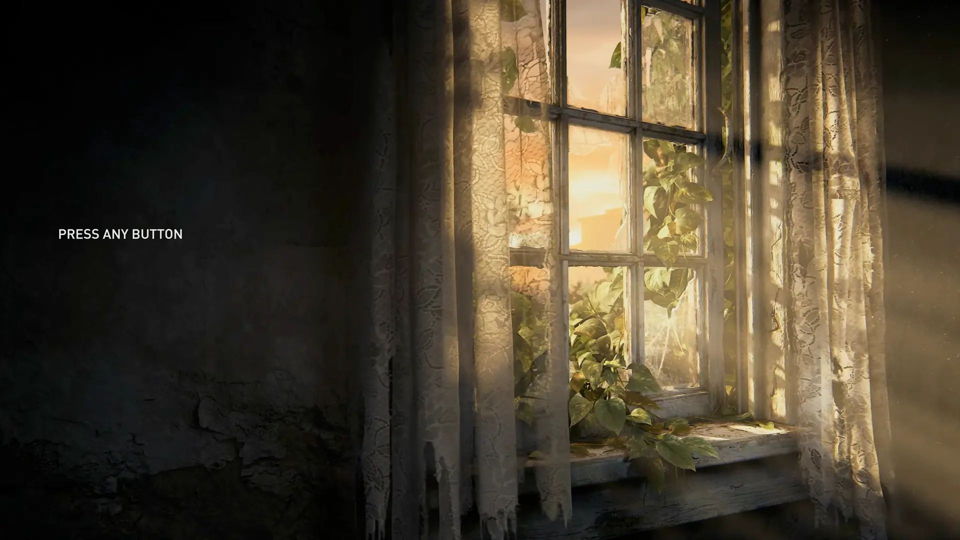 The iconic main menu screen showing a window with vines growing around it, sunlight casting soft shadows.