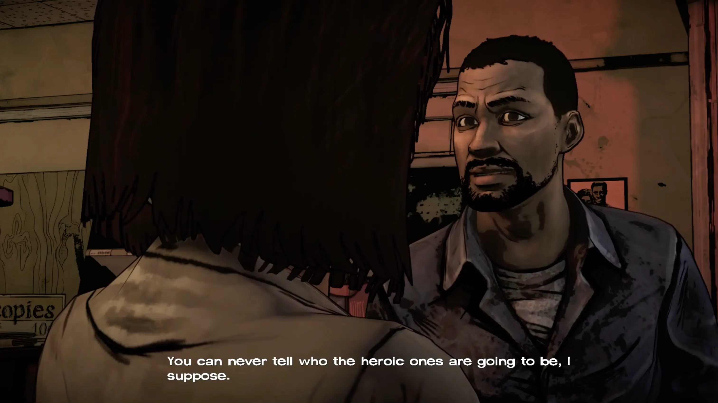 A close-up of Lee's face, highlighting the crosshatched shadows and thick ink lines typical of the game's comic aesthetic.