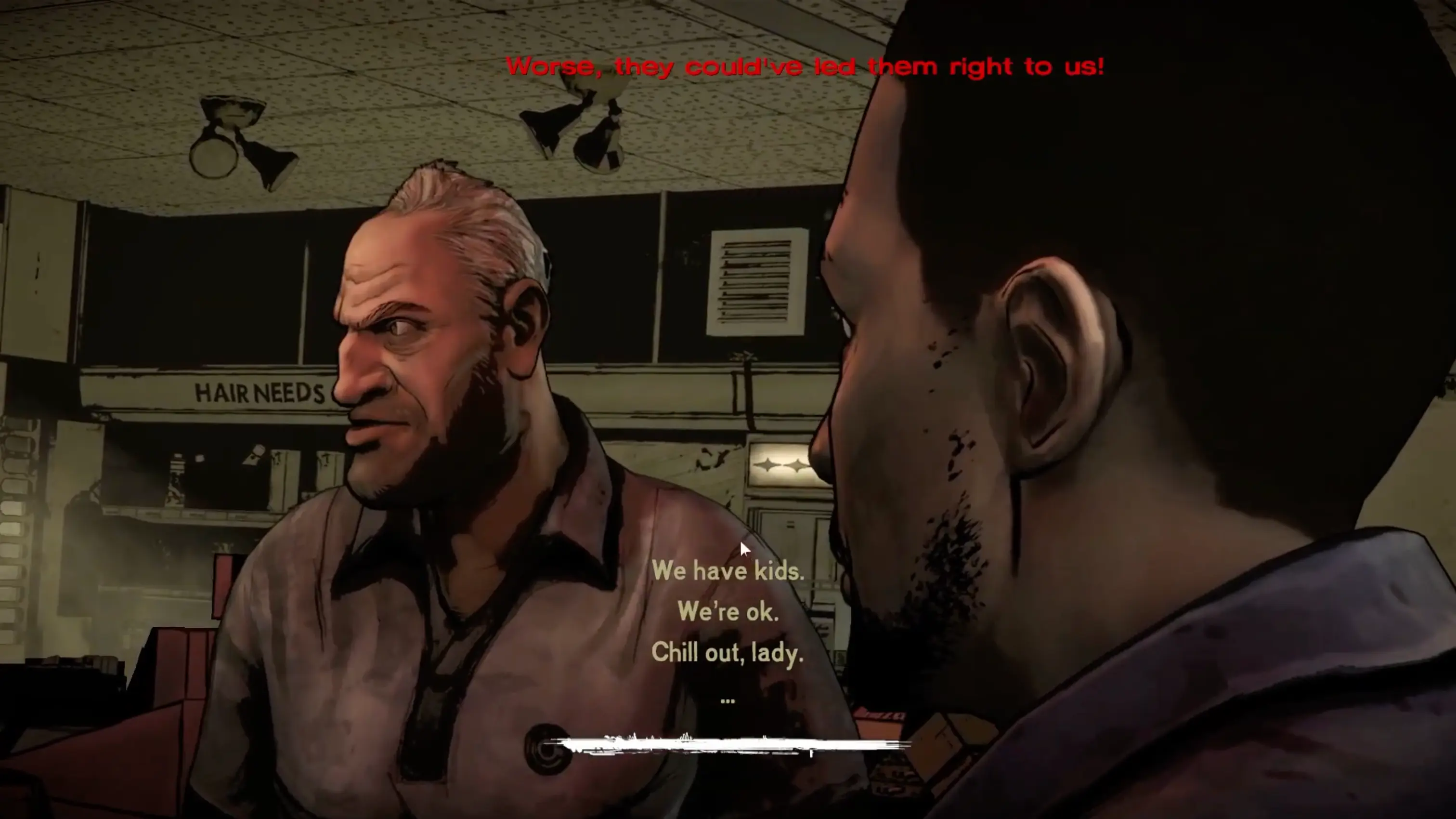 The game's user interface showing a tense conversation choice with a rapidly depleting white timer bar.