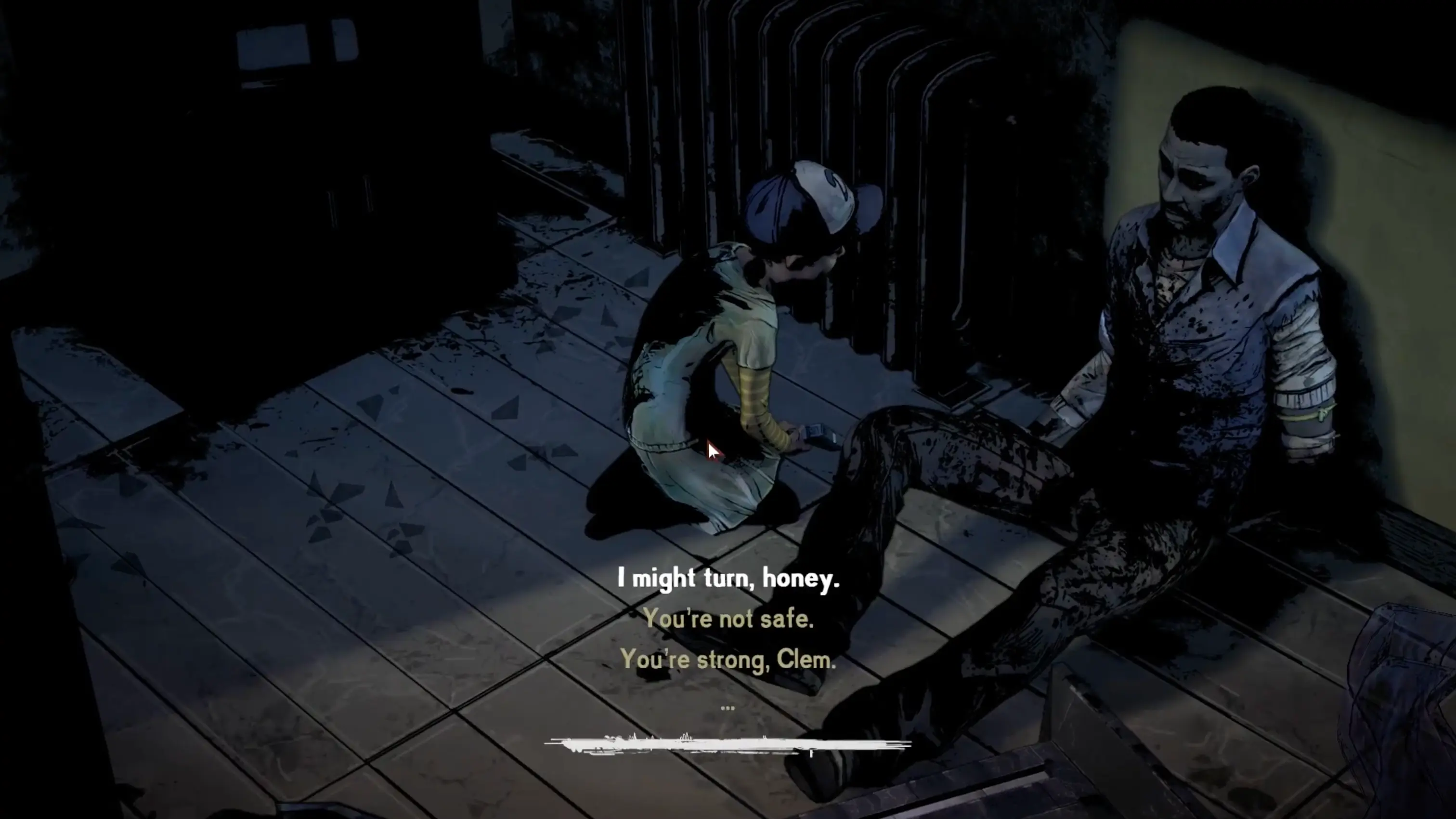 A poignant, heart-wrenching moment between Lee and Clementine from the game's final episode.
