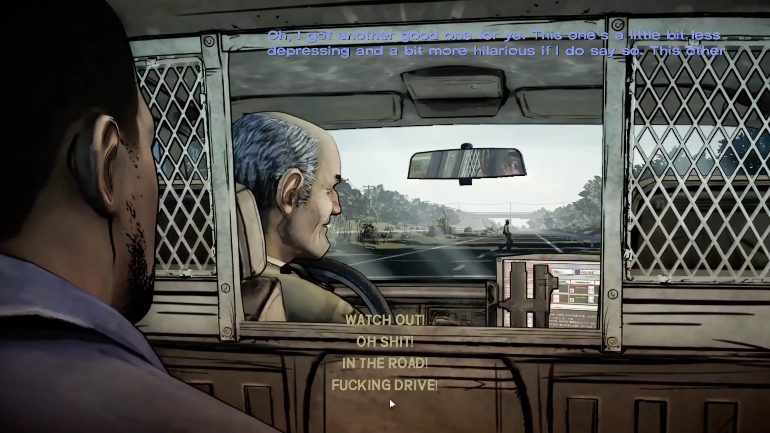 Lee Everett sitting in the back of a police cruiser, looking out the window just before the world ends.
