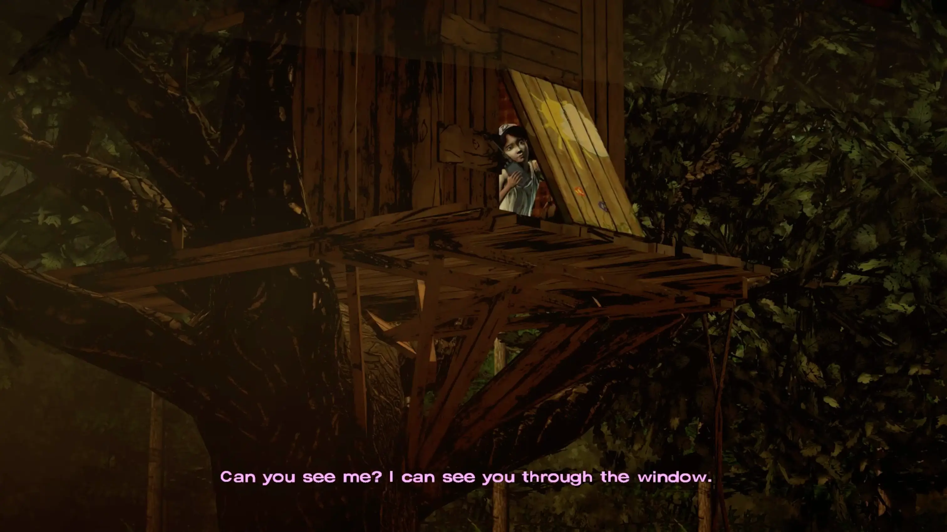 Lee looking up at Clementine, who is cautiously peering out from her backyard treehouse.