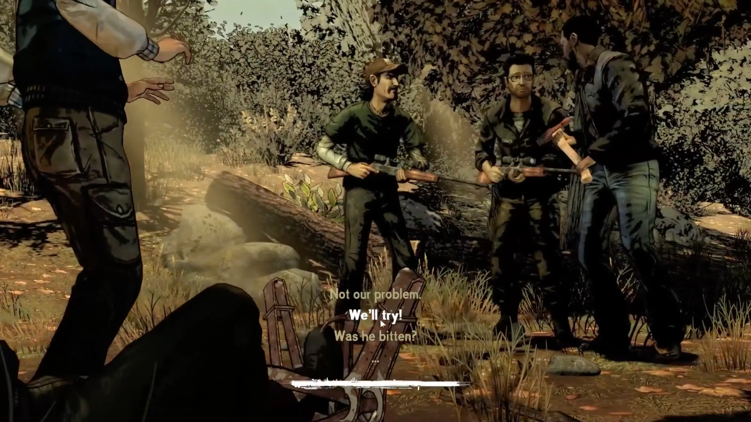 A frantic moment where the player must choose between saving a character on the left or a character on the right.