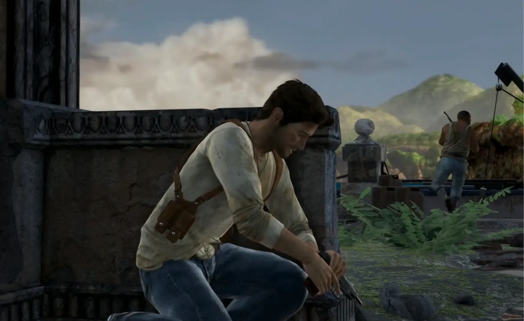 Nate taking cover behind a stone pillar during a firefight.