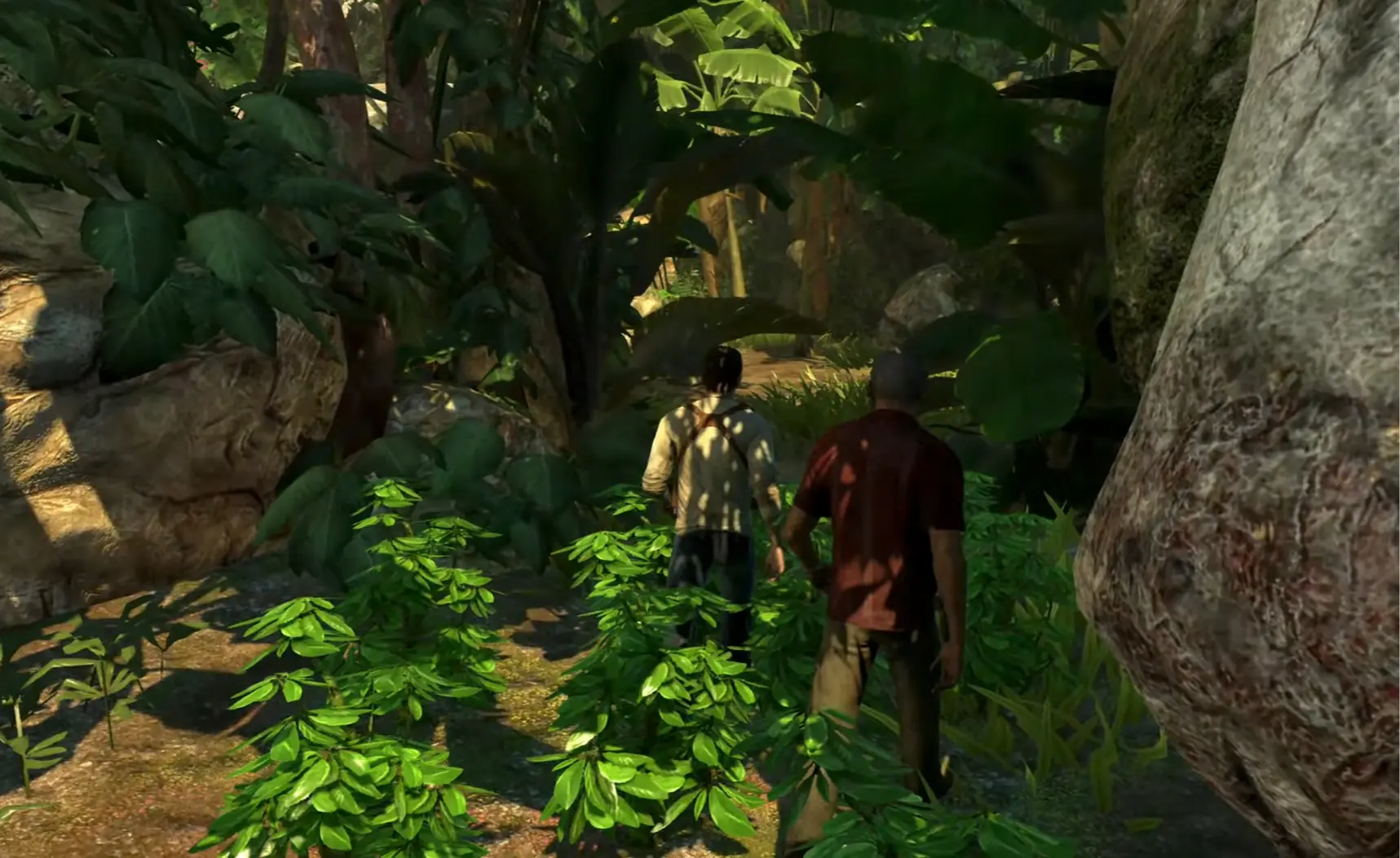Nathan Drake looking out over a jungle vista in Uncharted: Drake's Fortune.