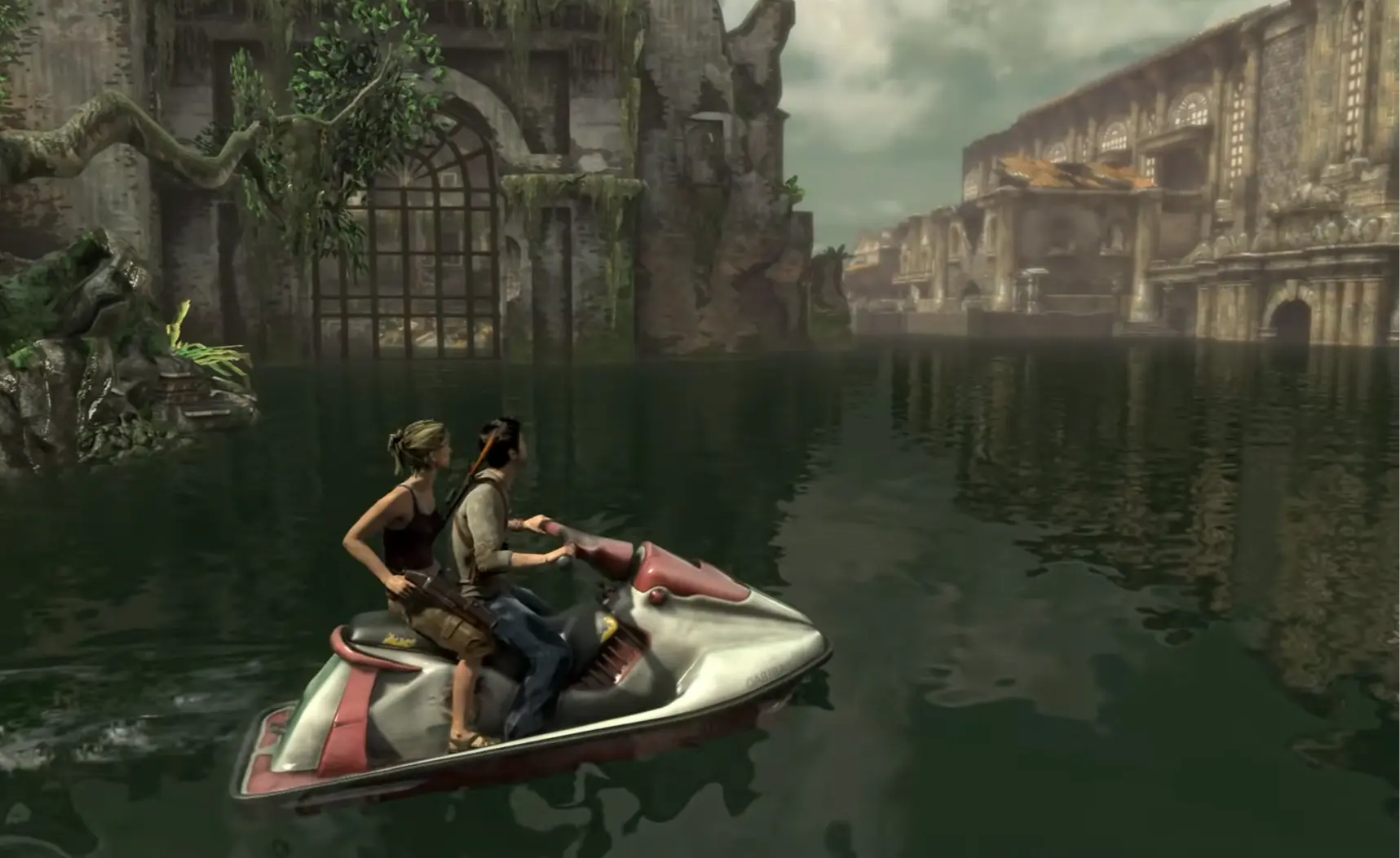 The high-stakes jet ski sequence through the island's river systems.