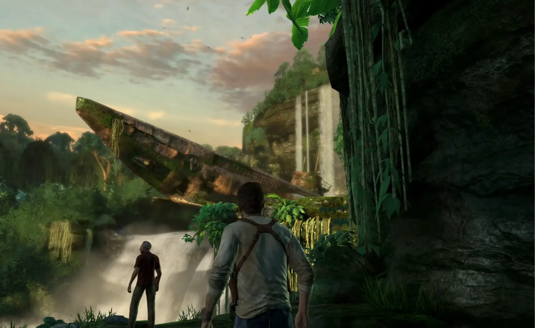 The iconic scene where Nate finds a Nazi U-boat in a jungle waterfall.