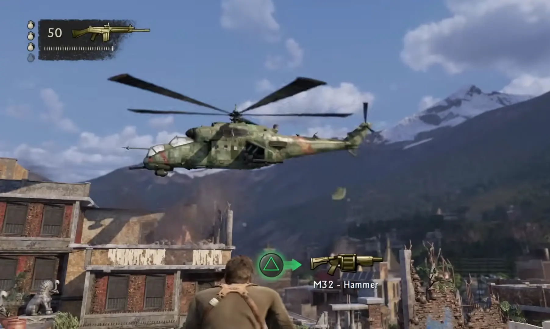 Nate dodging fire from a pursuing helicopter in the city ruins.