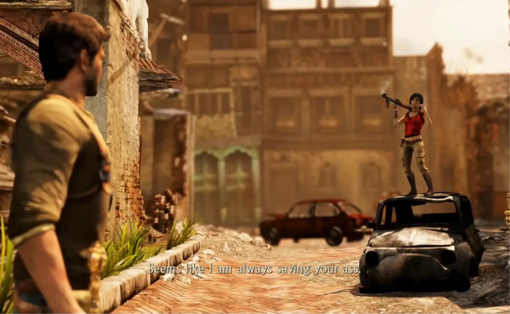 Nathan Drake and Chloe Frazer navigating the war-torn streets of a city in Nepal.