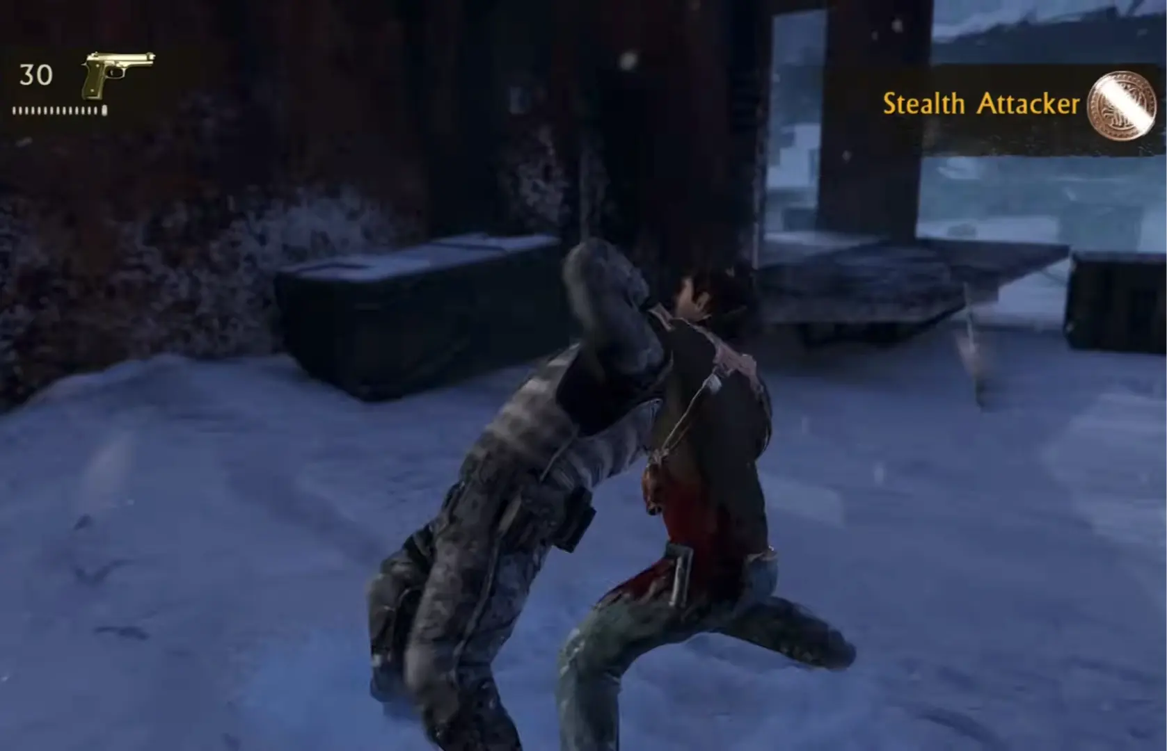 Nate performing a stealth takedown on a guard in a snowy camp.