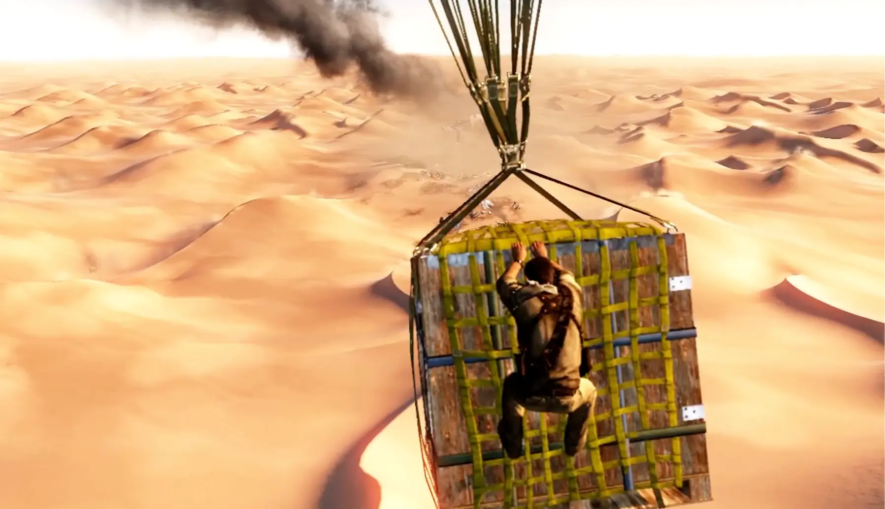 The iconic cargo plane set-piece where Nate is dangling from a cargo net high in the sky.
