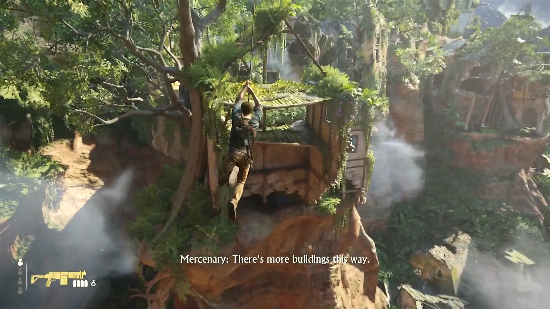 Nate swinging across a gap using the grappling hook during a firefight.