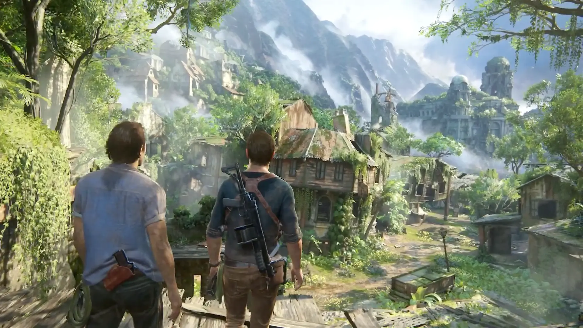 Nate and Sam Drake overlooking a pirate ruin in the jungle.