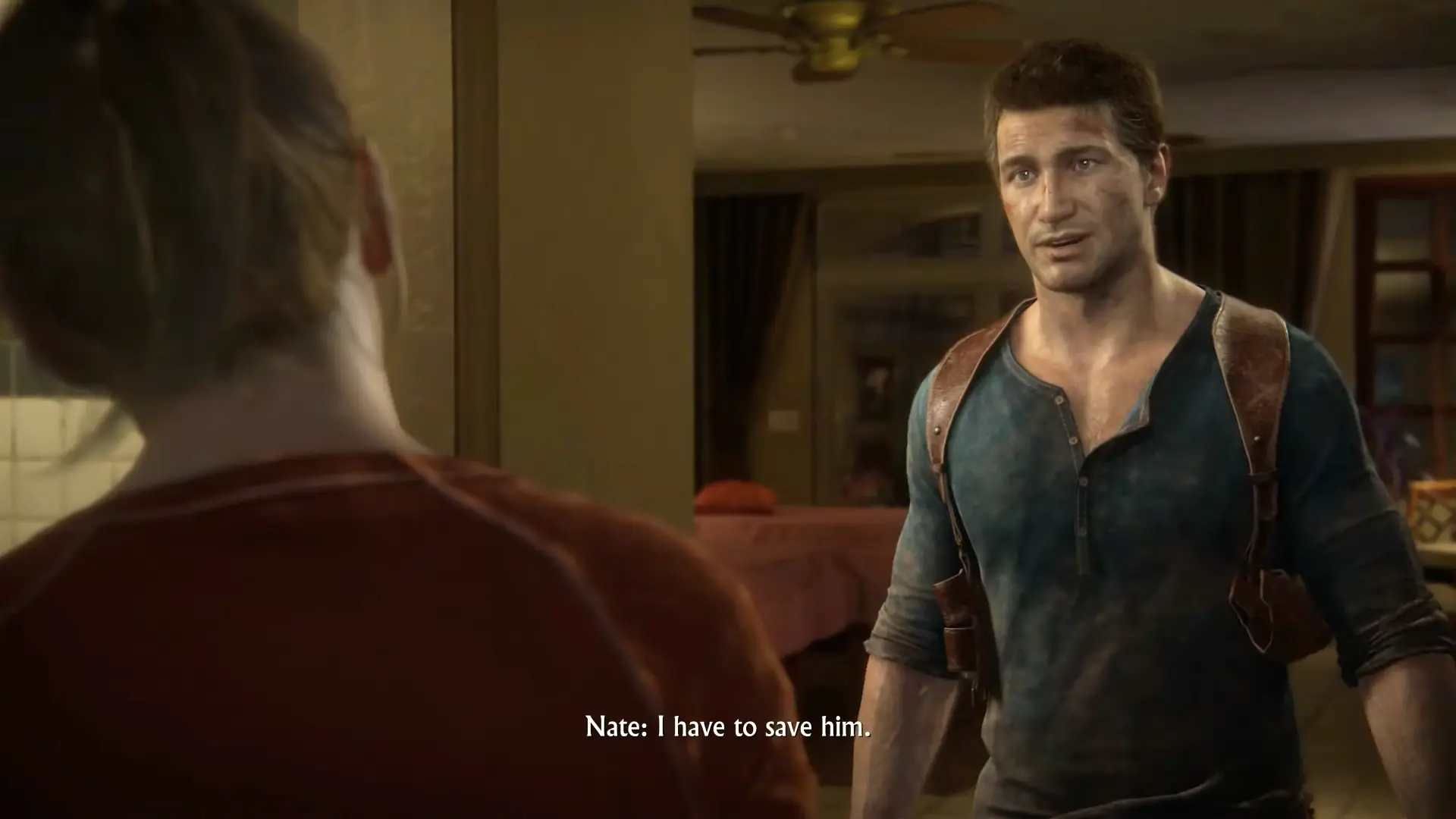 A tense emotional moment between Nate and Elena in a hotel room.