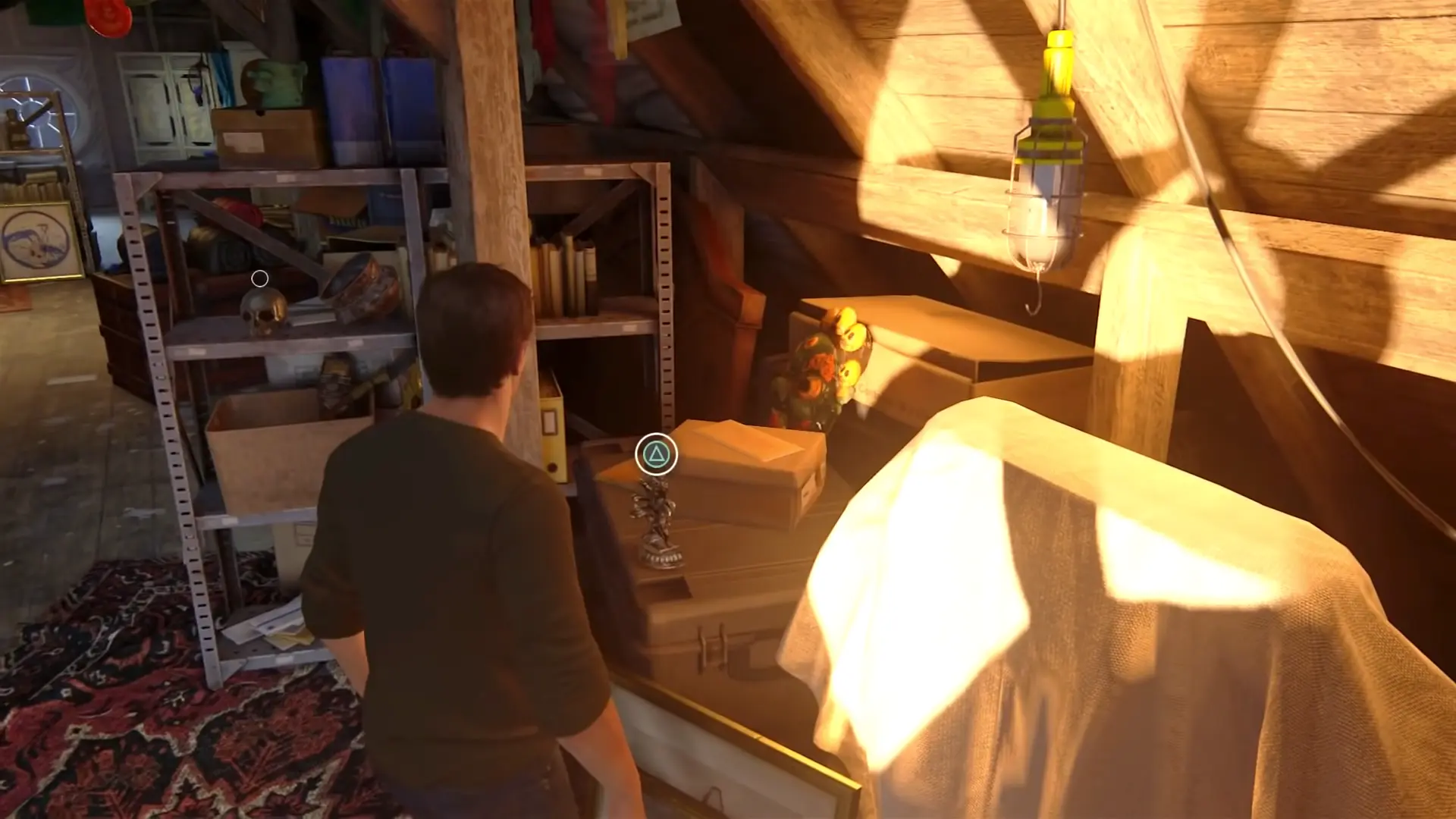 Nathan Drake in his attic, surrounded by relics from his past adventures.