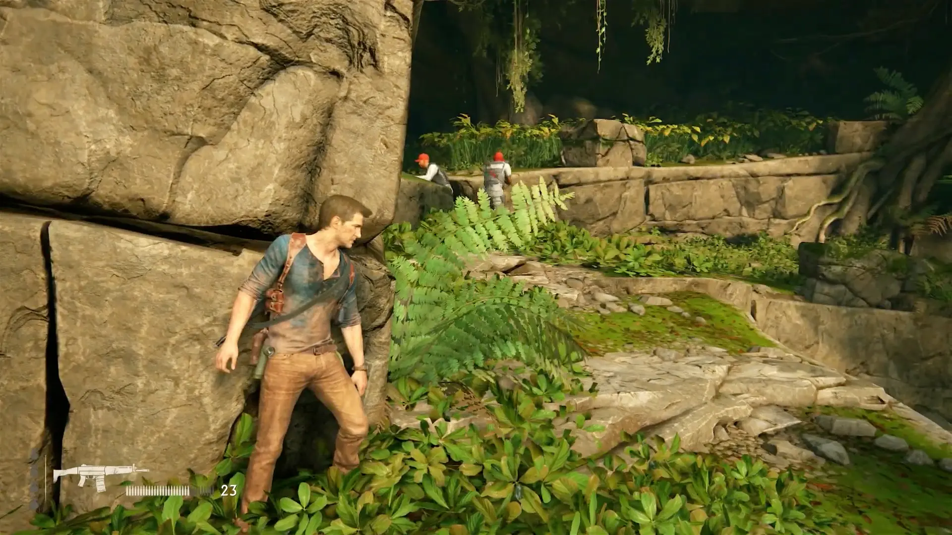 Nate using tall grass to sneak up on a mercenary patrol.