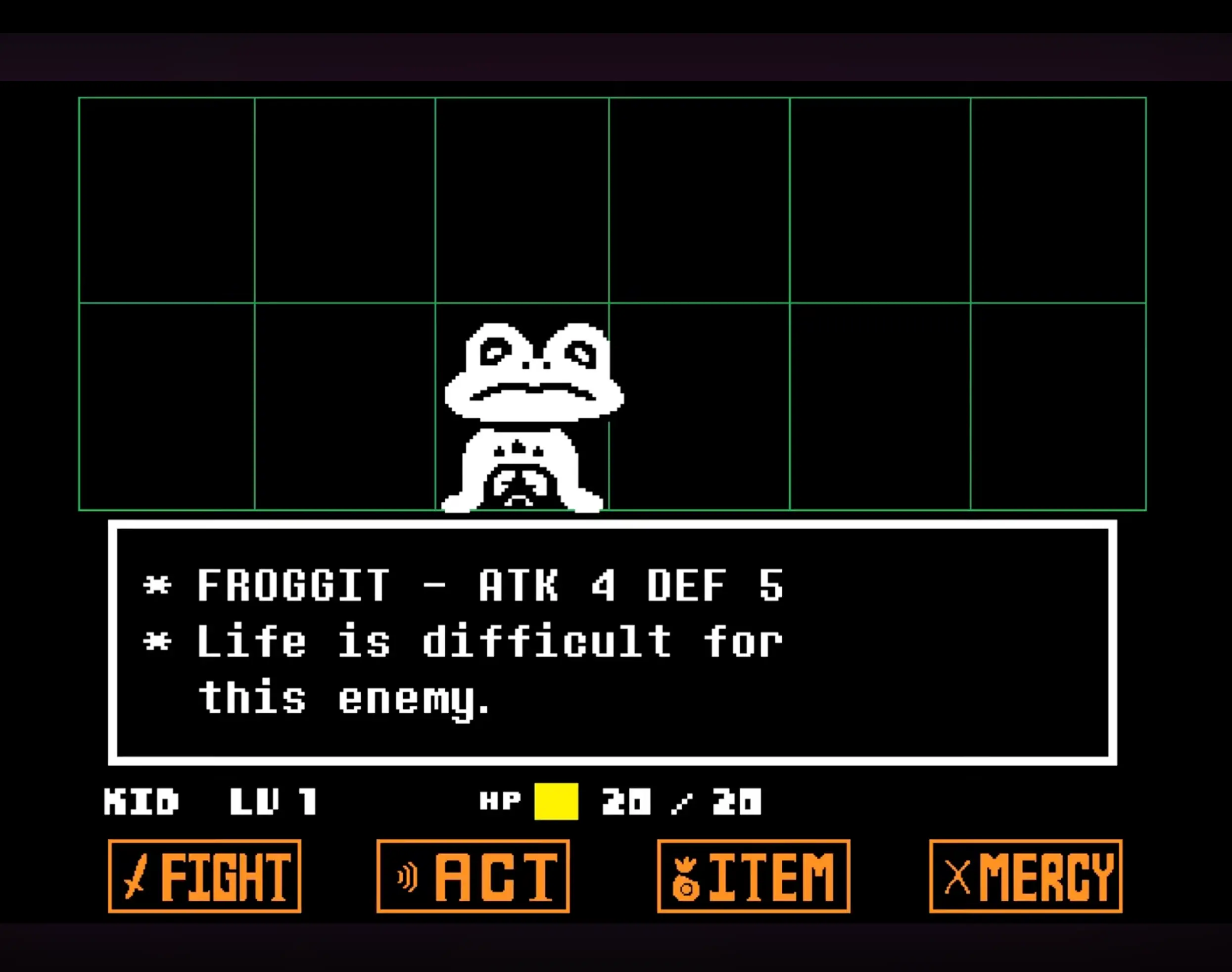 The iconic battle interface showing the options: FIGHT, ACT, ITEM, and MERCY against a quirky monster enemy.