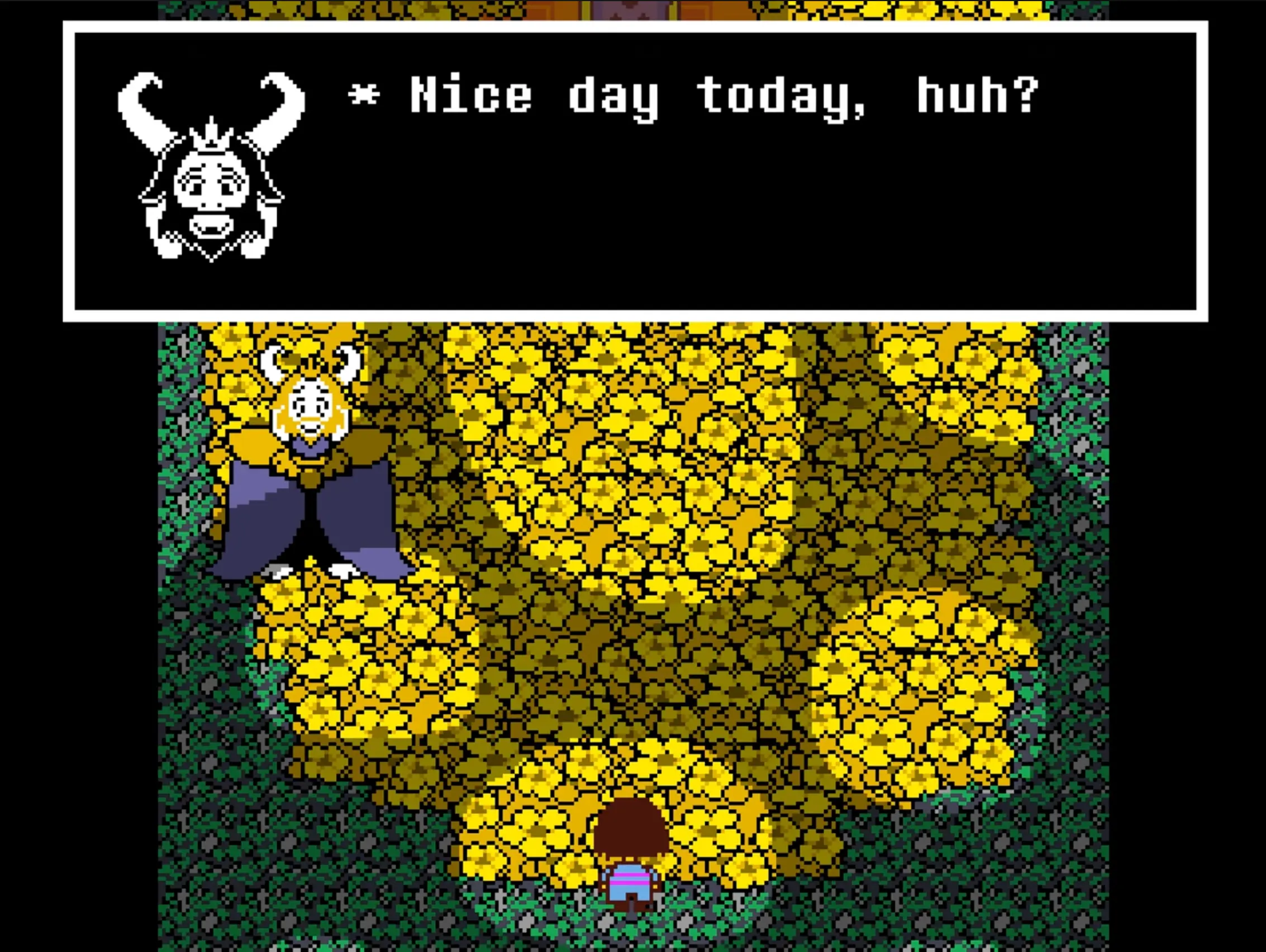 King Asgore standing amidst a bed of golden flowers in his sunlit throne room, his head bowed in sorrow.
