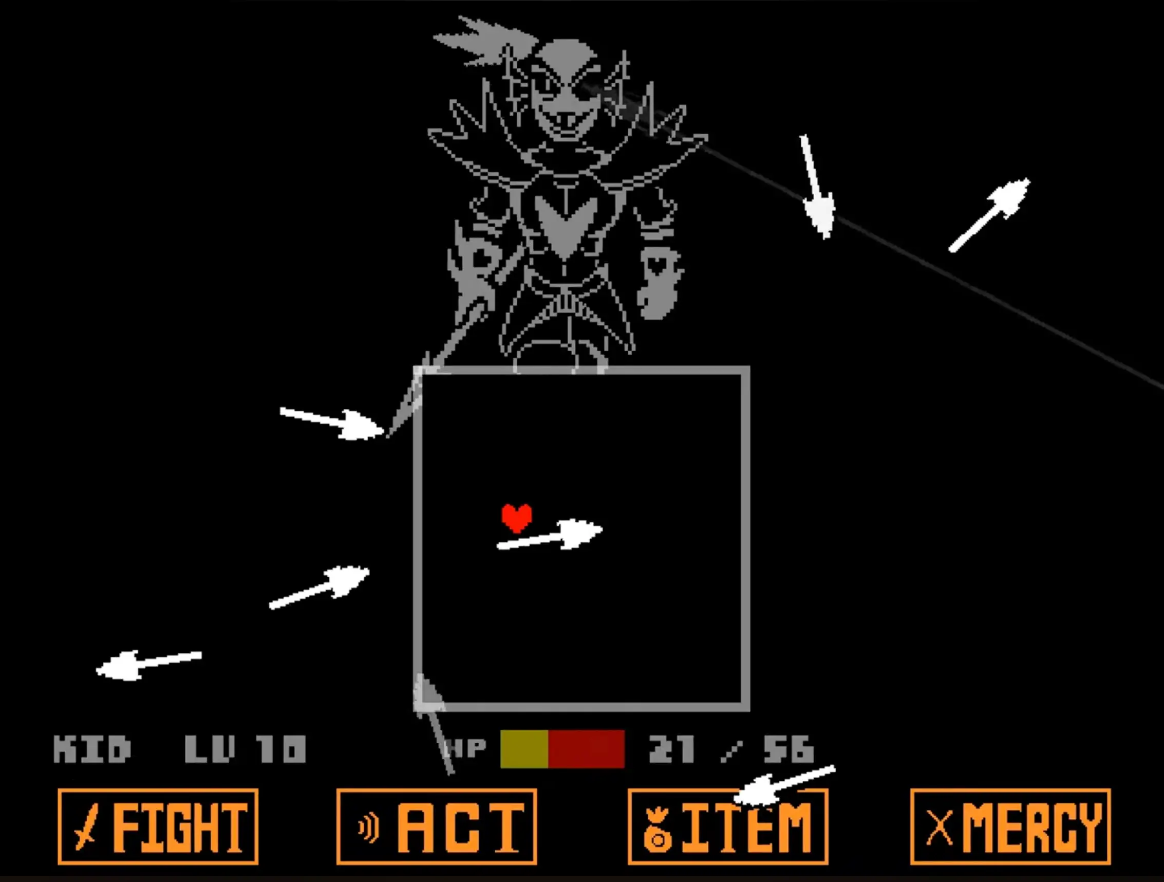 The player's small red heart dodging a complex wave of magical bone attacks inside the battle box.