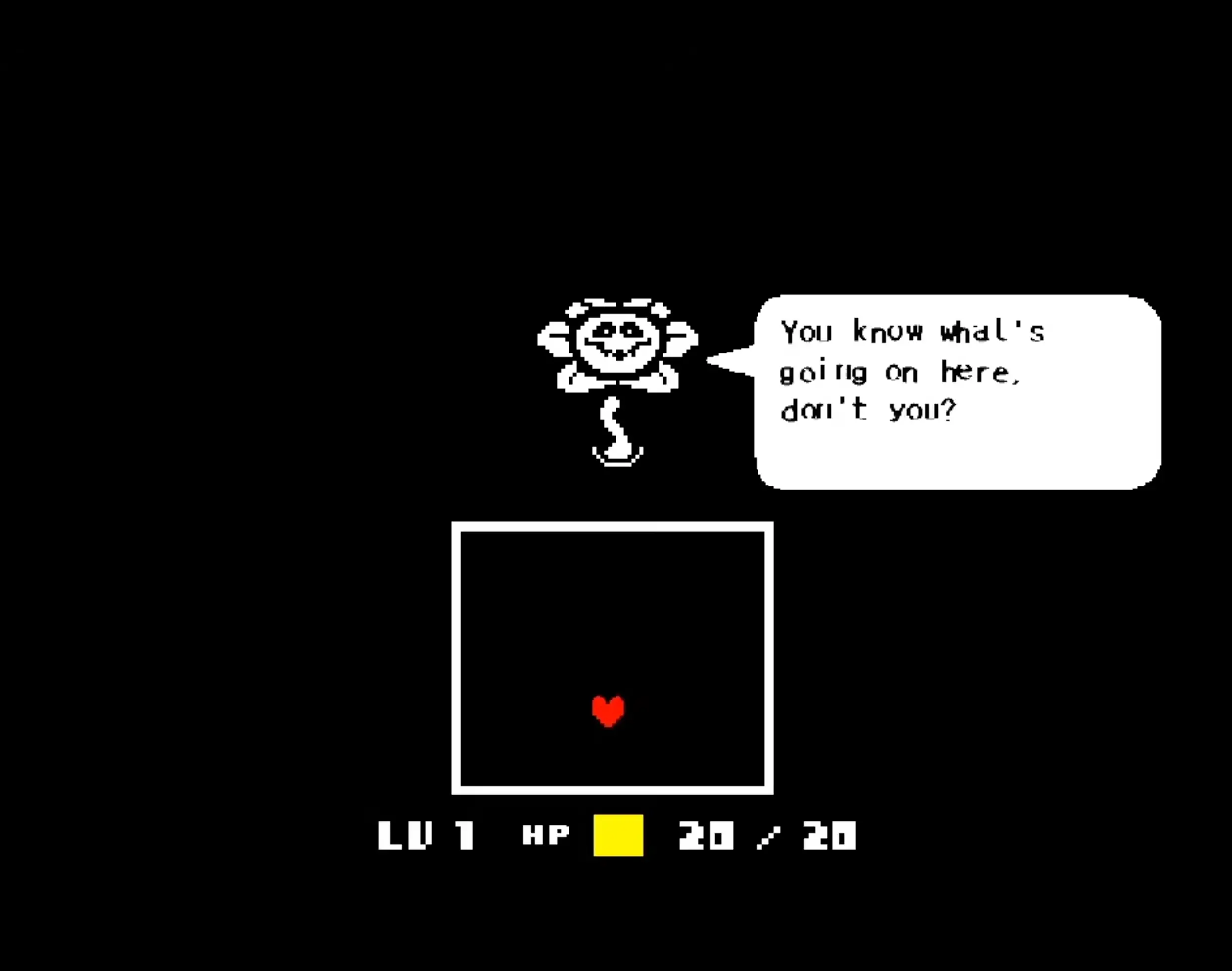 Flowey the Flower smiling sinisterly in a dark patch of grass, teaching the player the harsh realities of the Underground.