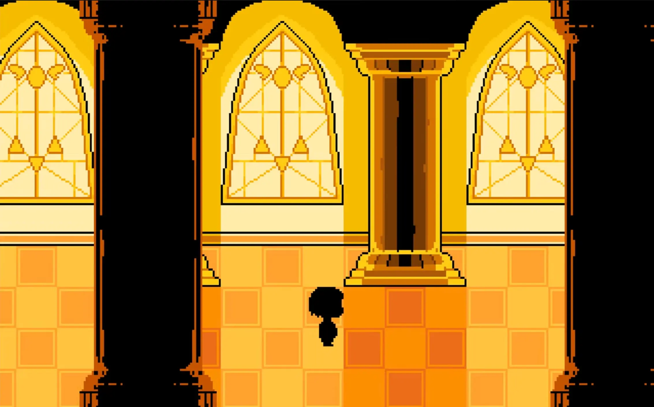 The golden-lit Judgment Hall, where light streams through stained glass windows, creating a solemn, church-like atmosphere.