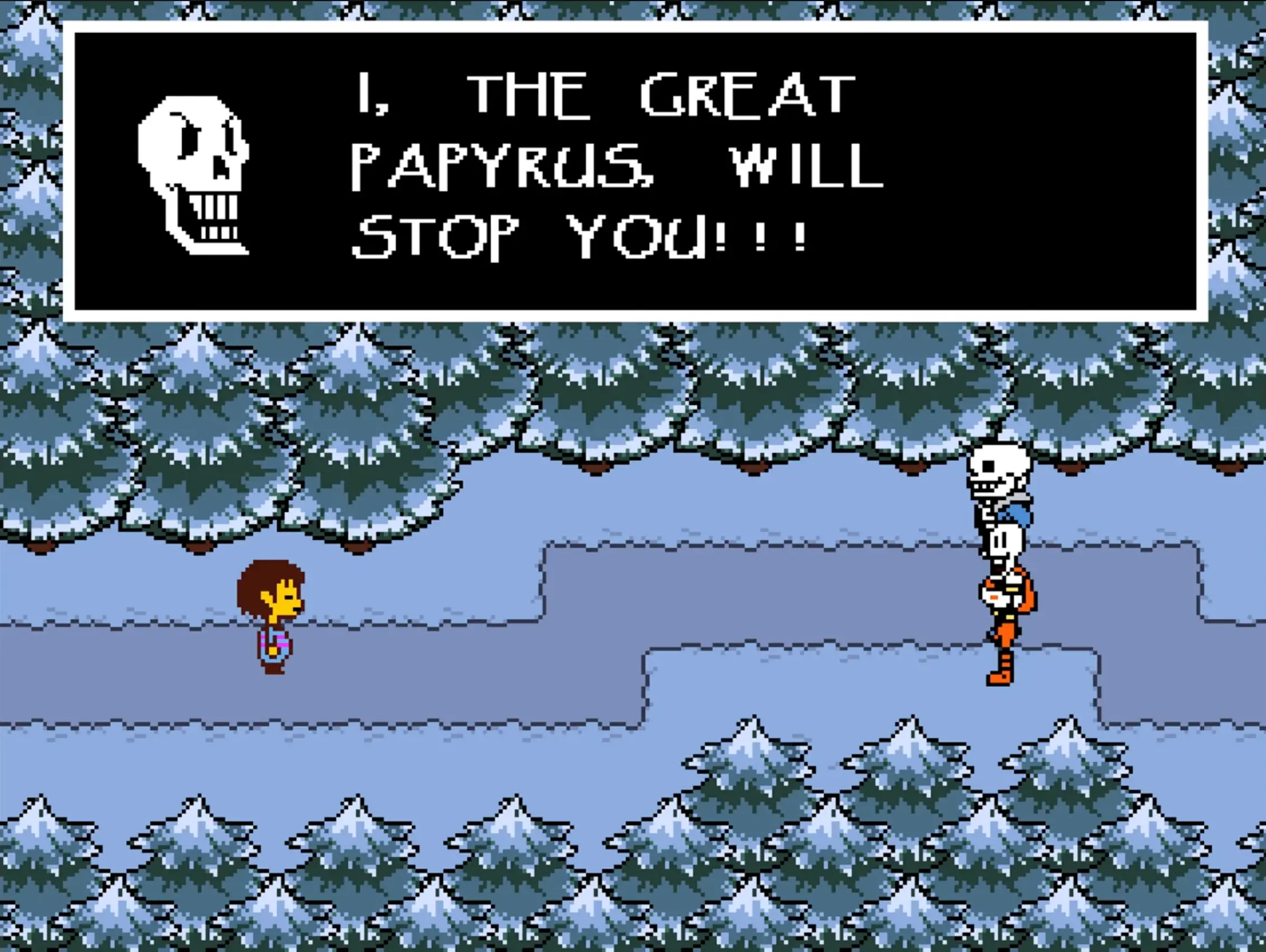 The skeleton brothers, Papyrus, standing next to Sans in the snowy forest, showcasing their contrasting designs.