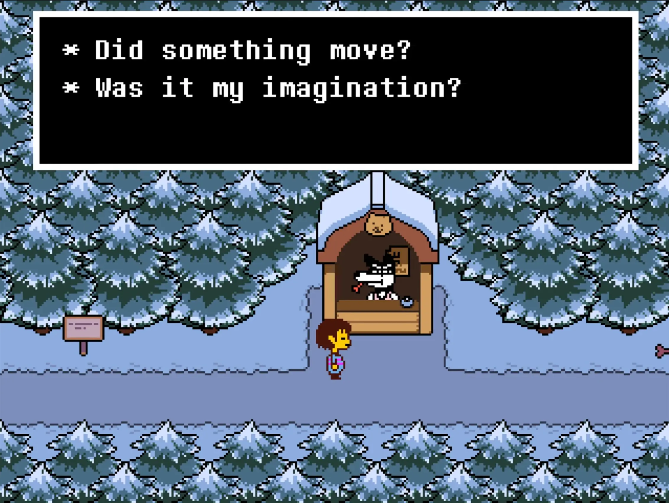 A wide shot of the cozy, snow-covered town of Snowdin, featuring quaint monster homes and the local shop.
