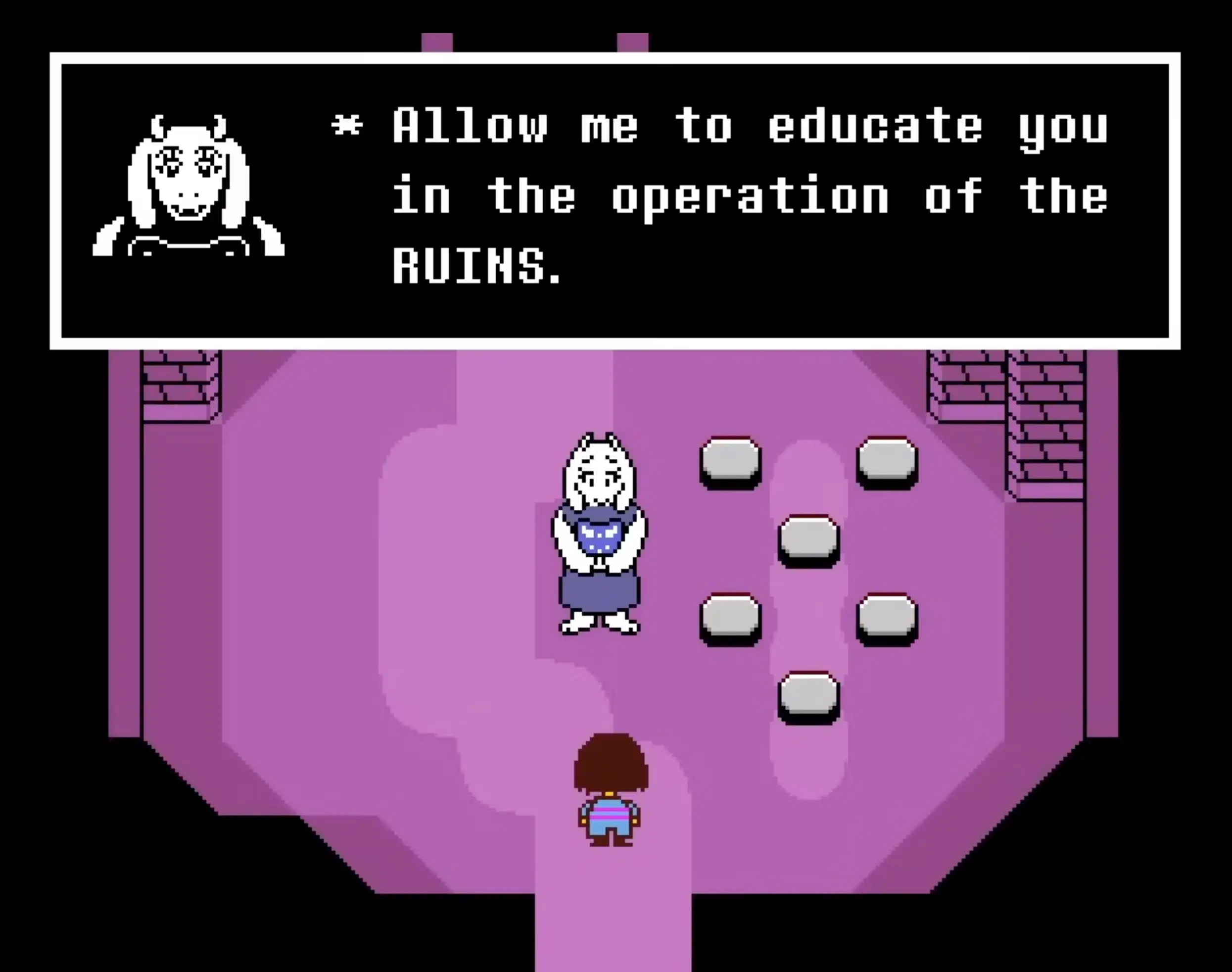 Toriel, the goat-like monster, kindly guiding the fallen human child through the purple brick puzzles of the Ruins.