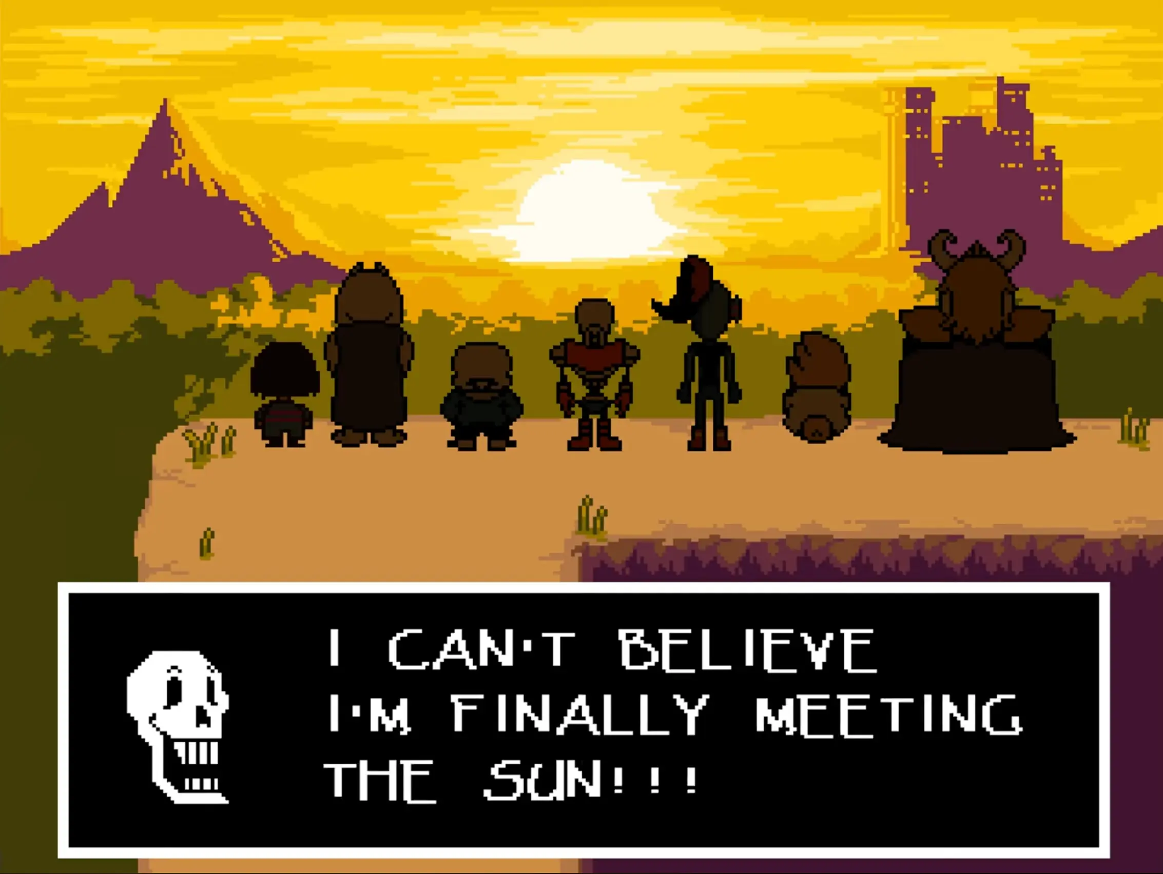 The main cast of characters looking out over a beautiful sunset, finally free from the Underground.