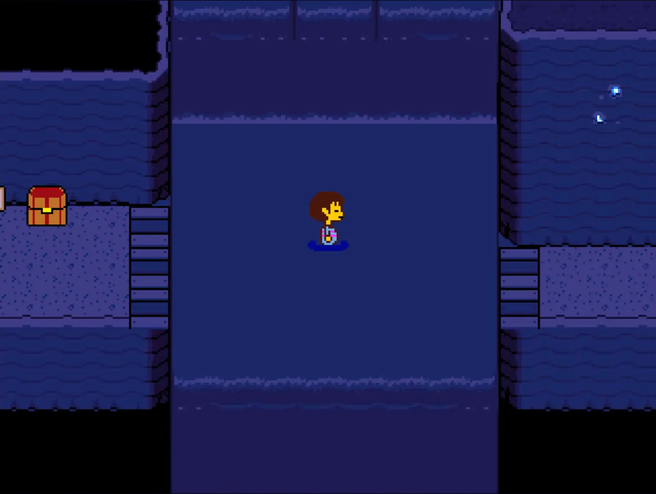 The bioluminescent blue environment of Waterfall, featuring a glowing Echo Flower and softly falling water.