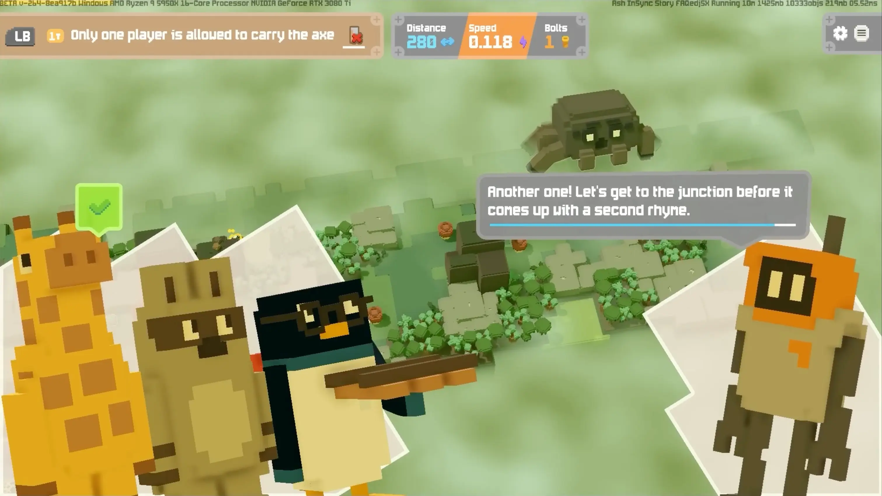 A frantic boss battle against a massive mechanical flying machine raining bombs down on the players' train.