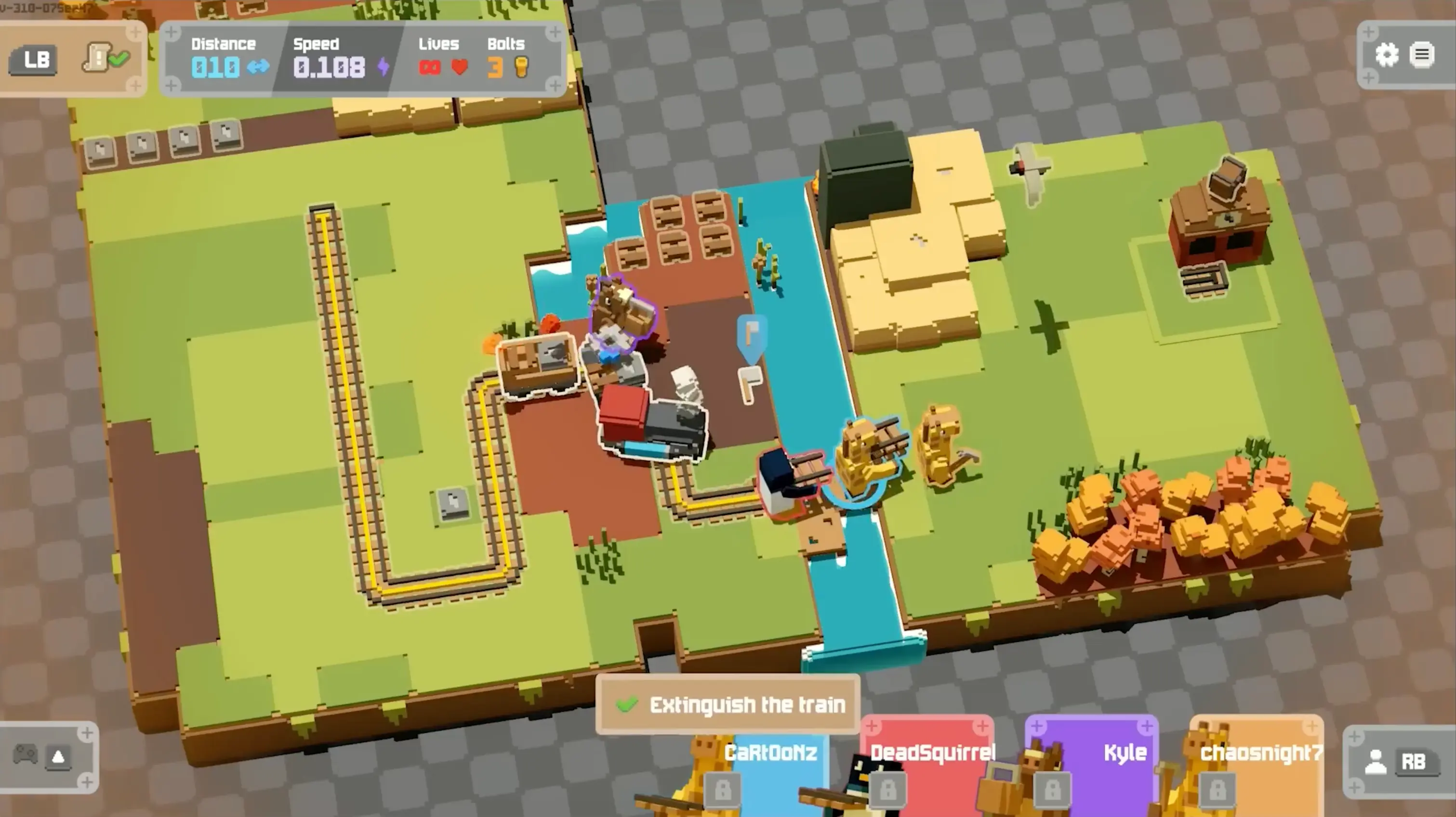 Players desperately laying track across a narrow wooden bridge over a massive, deep canyon just inches ahead of the moving train.