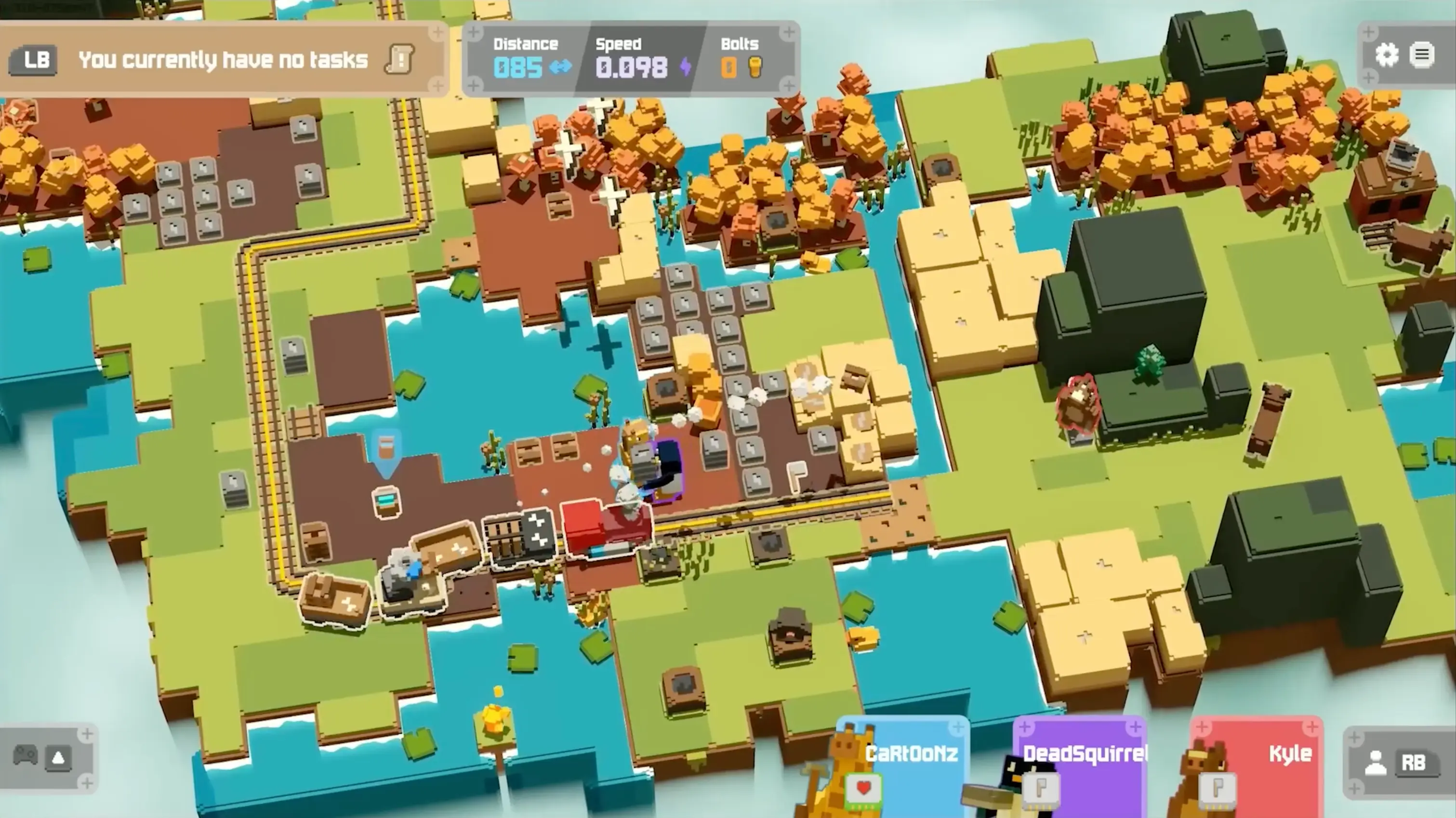 The highly advanced cannon wagon physically shooting a freshly crafted piece of track across a river to a waiting player.
