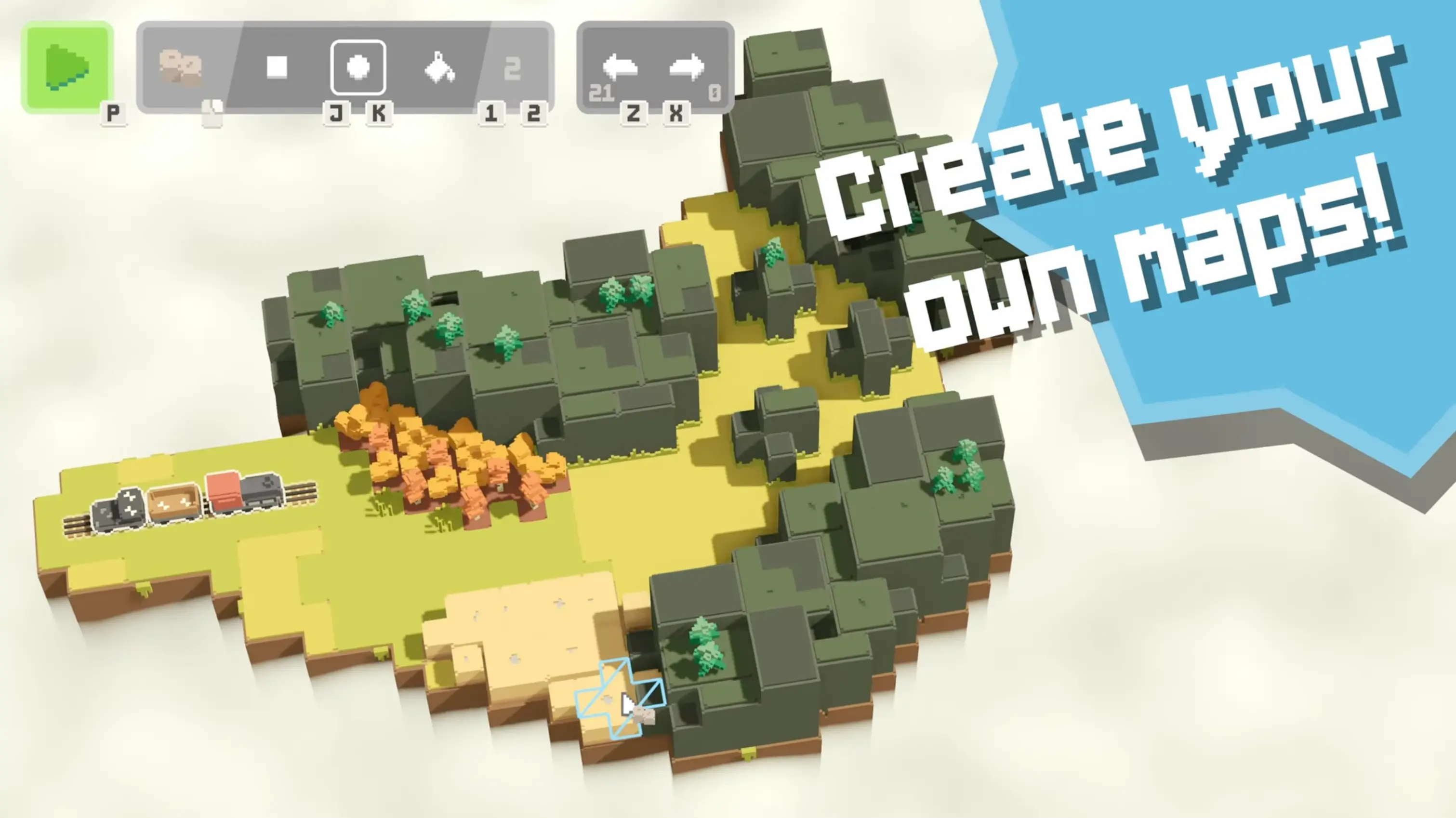 The UI of the Terrain Conductor level editor, showing a player placing custom rivers and rock formations on a blank canvas.